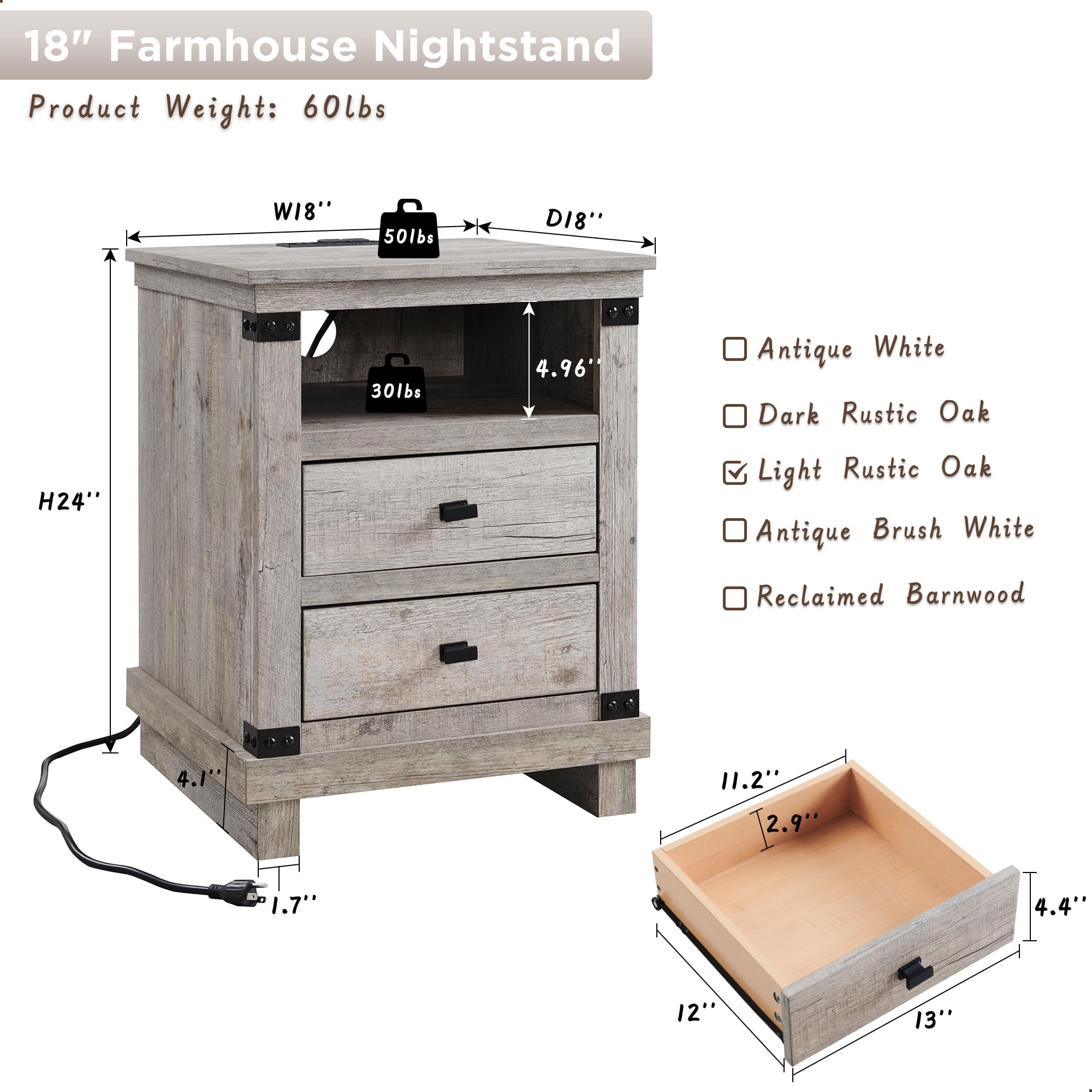 RedLemon Farmhouse Nightstand Set of 2 with Charging Station - Dettaglio