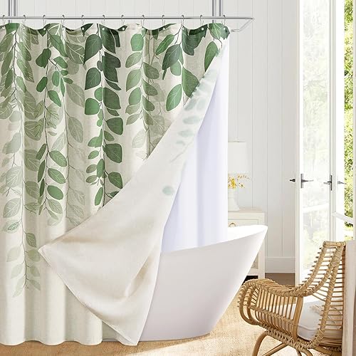 SMABU Cortina de ducha de lino verde con forro y ganchos, cortina de ducha doble verde salvia, cortinas de ducha de hojas naturales, juego de