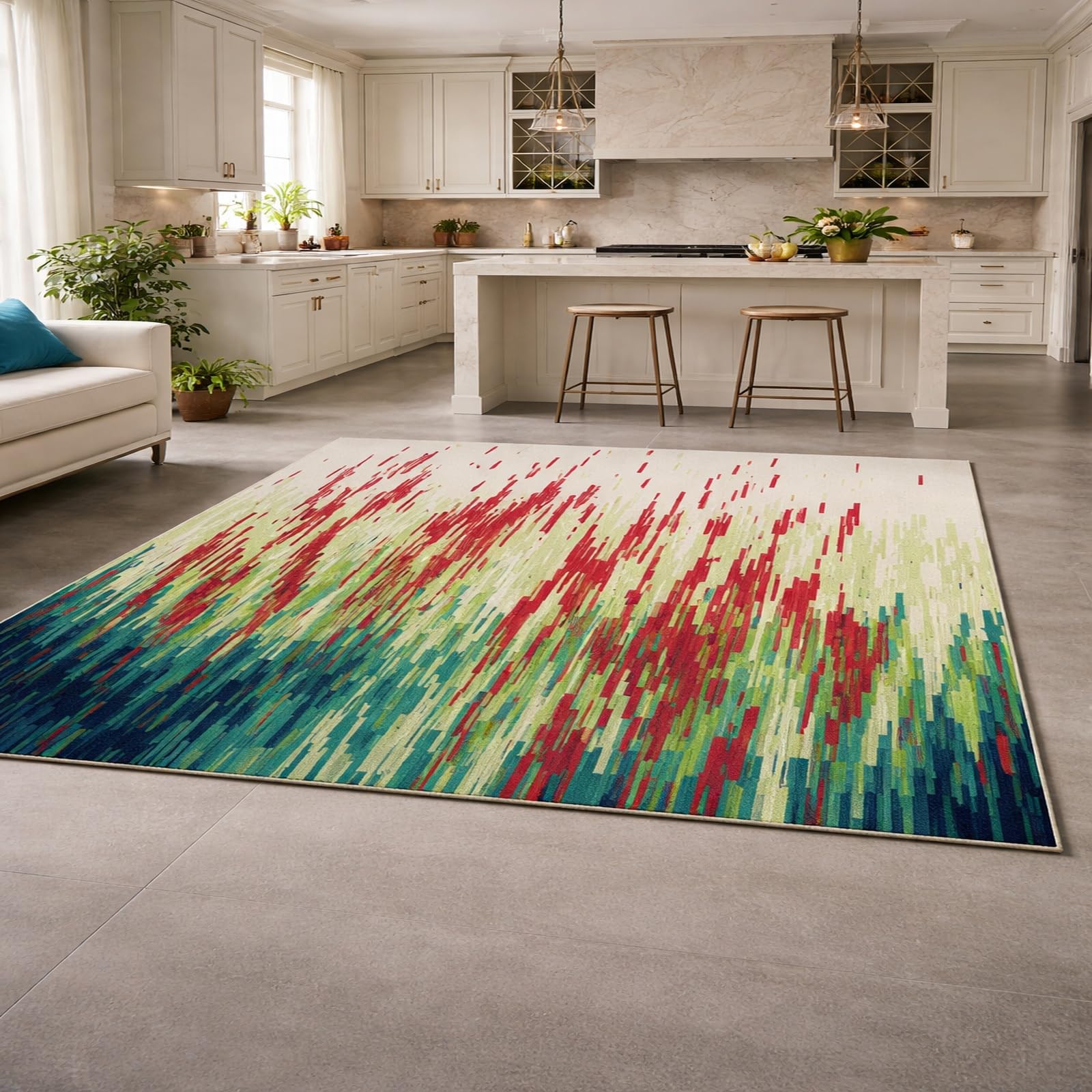Tapis abstrait moderne rouge et vert 140x160cm pour salon contemporain