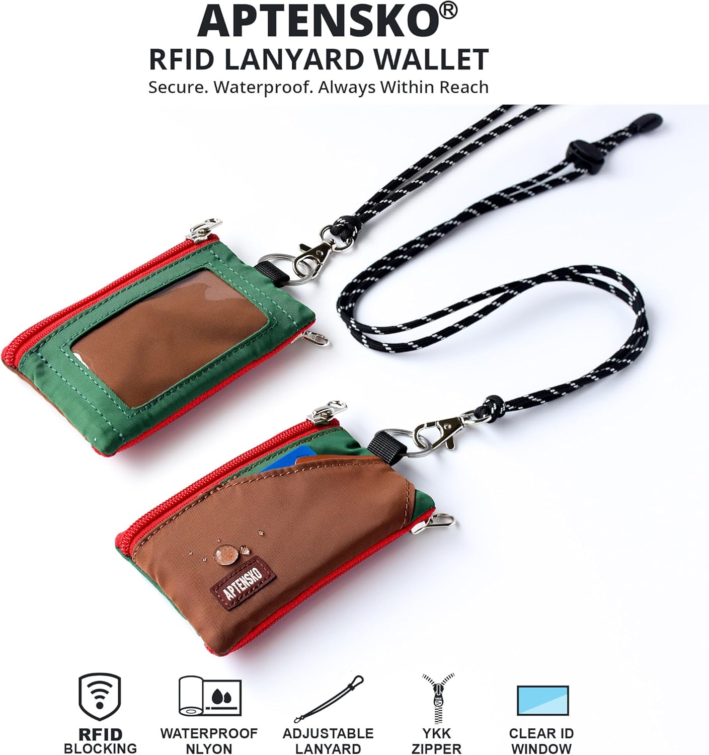 RFID Blocking Travel Wallet with Adjustable Lanyard, Small Nylon Zipper Pouch and Badge Holder for ID, Credit Cards, Cash, Keys, Commuters (Coffee+DarkYellow) - Image 2