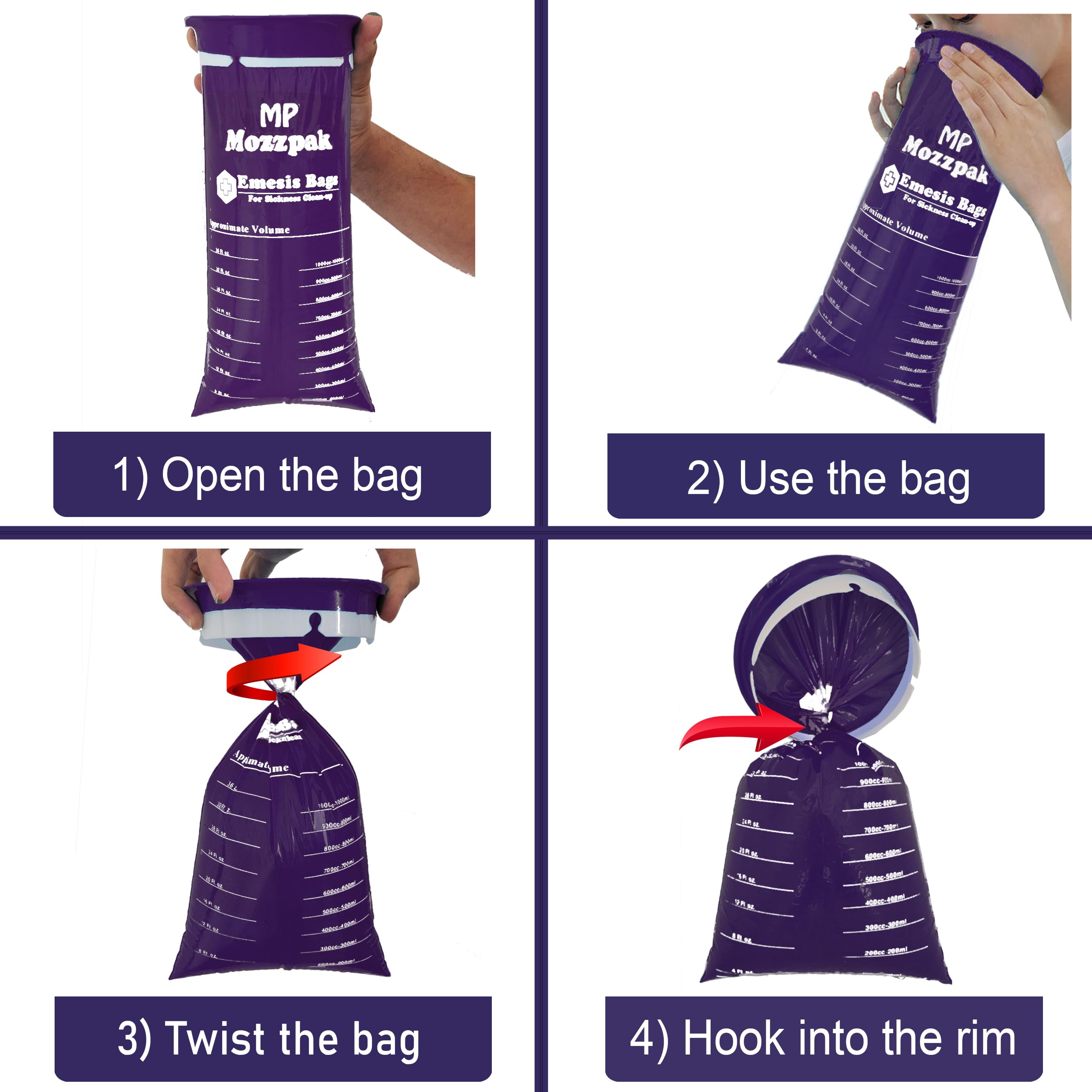 MP MOZZPAK Vomit Bags Disposable – 50 Pack – 1000ml Barf Bags – Leak Resistant, Medical Grade, Portable Emesis Bags, Puke, Throw Up, Nausea Bags for Travel Motion Sickness, Car & Aircraft, Kids, Taxi