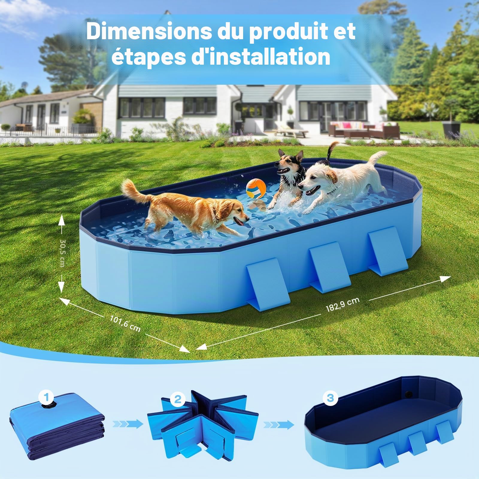 Piscine pour Chien 180 cm Pliable, Grande Piscine Chien avec Structure Octogonale Stable, Piscine Antidérapante en PVC avec Parois Renforcées pour Jardin et Extérieur