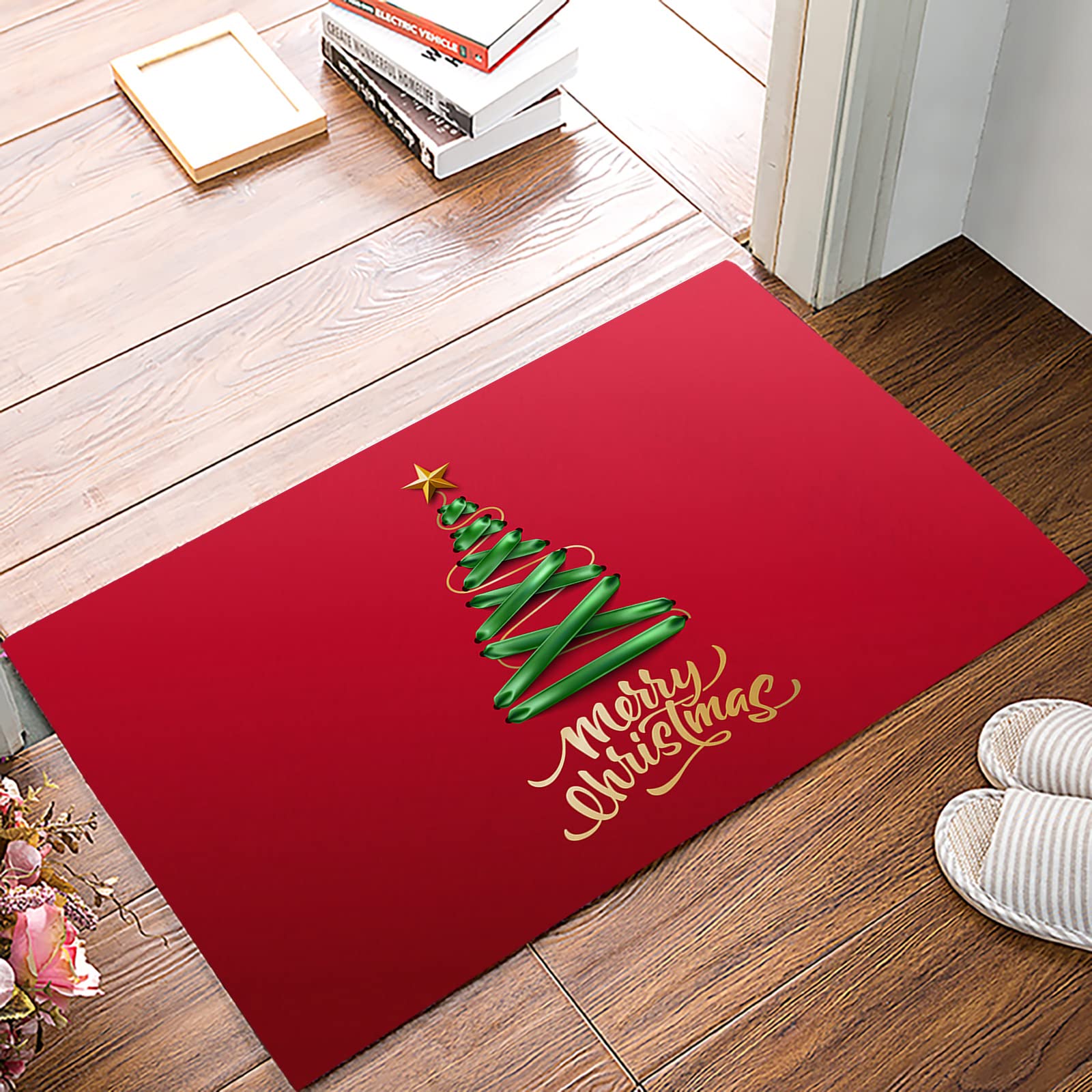 Floor Mat Christmas Tree Ribbon Stargreen Red Floor Door Mat Absorbent Mats Entrance Rug Dust Grabbing Entrance Doormat For Kitchen Floor Front Door 40x60cm