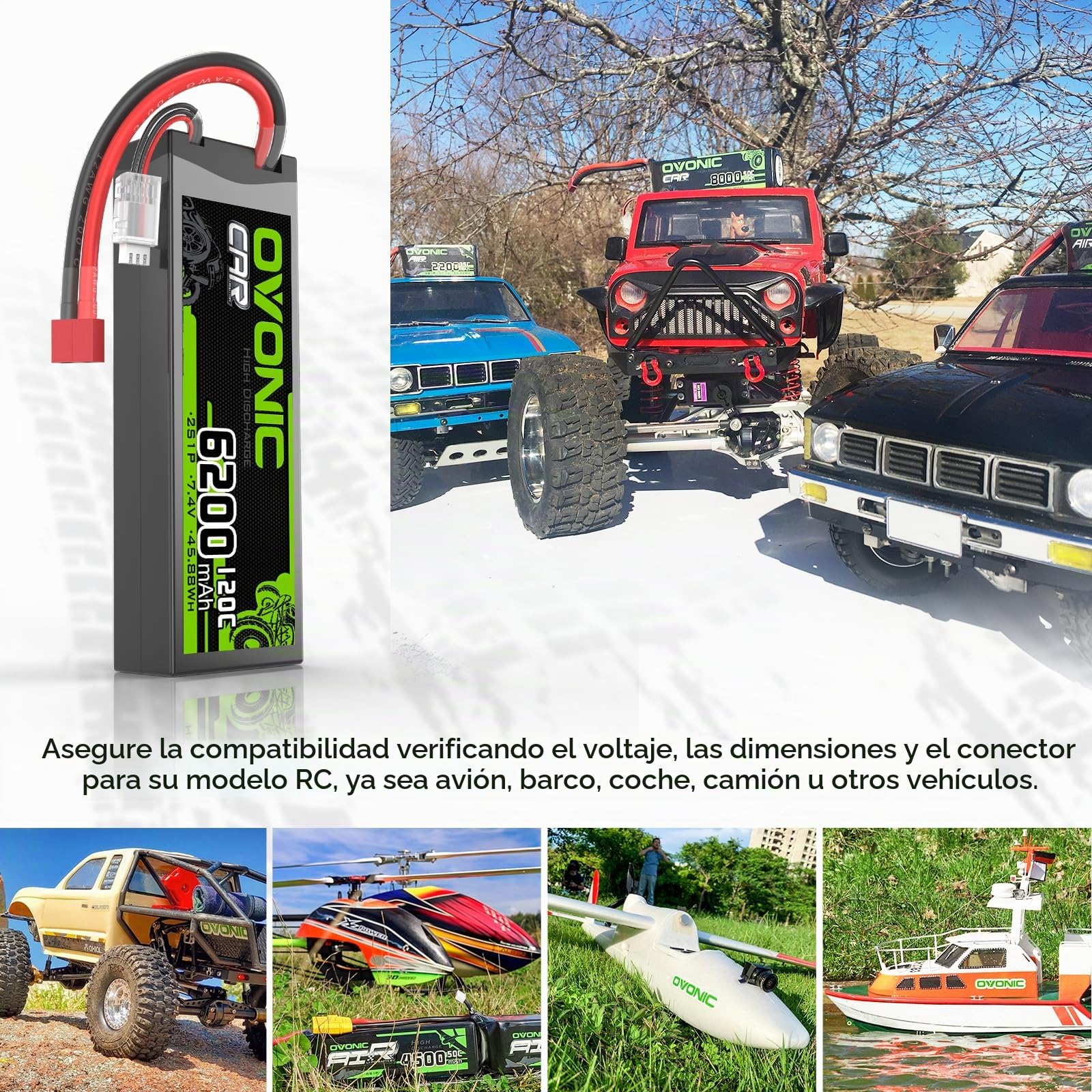 OVONIC 2s Lipo Batería 7,4 V 6200 mAh 120 C con conector T para RC Auto Truck Truggy Quadcopter Helicóptero Avión (2 unidades)