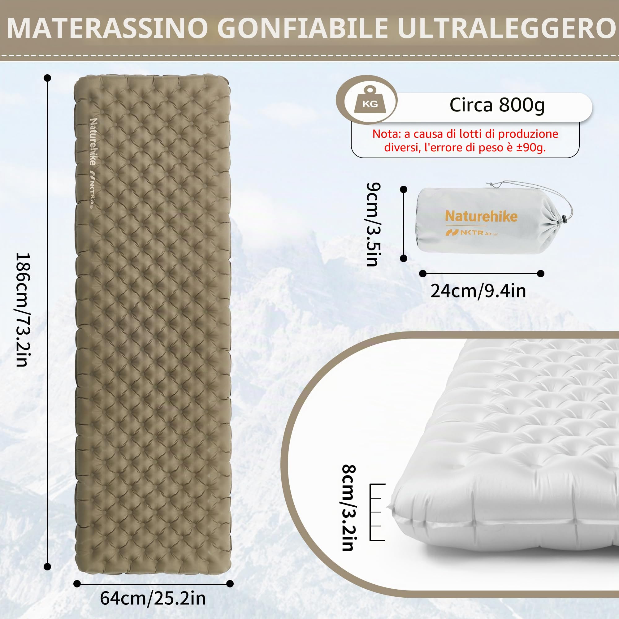 Naturehike Materassino da Campeggio Ultraleggero Materassino Autogonfiante Gonfiabile Portatile Impermeabile Durevole con Valore 3.2 R per Trekking Escursionismo Zaino in Spalla