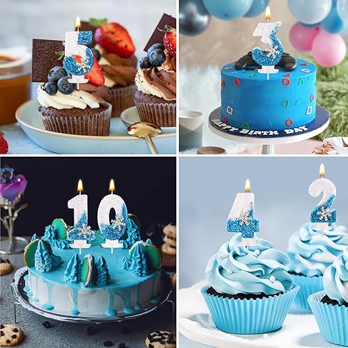 Miniatura 7 de Velas de cumpleaños de Frozen del 0 al 9, velas de números con purpurina de copo de nieve, decoración de pasteles blancos y azules para niños y