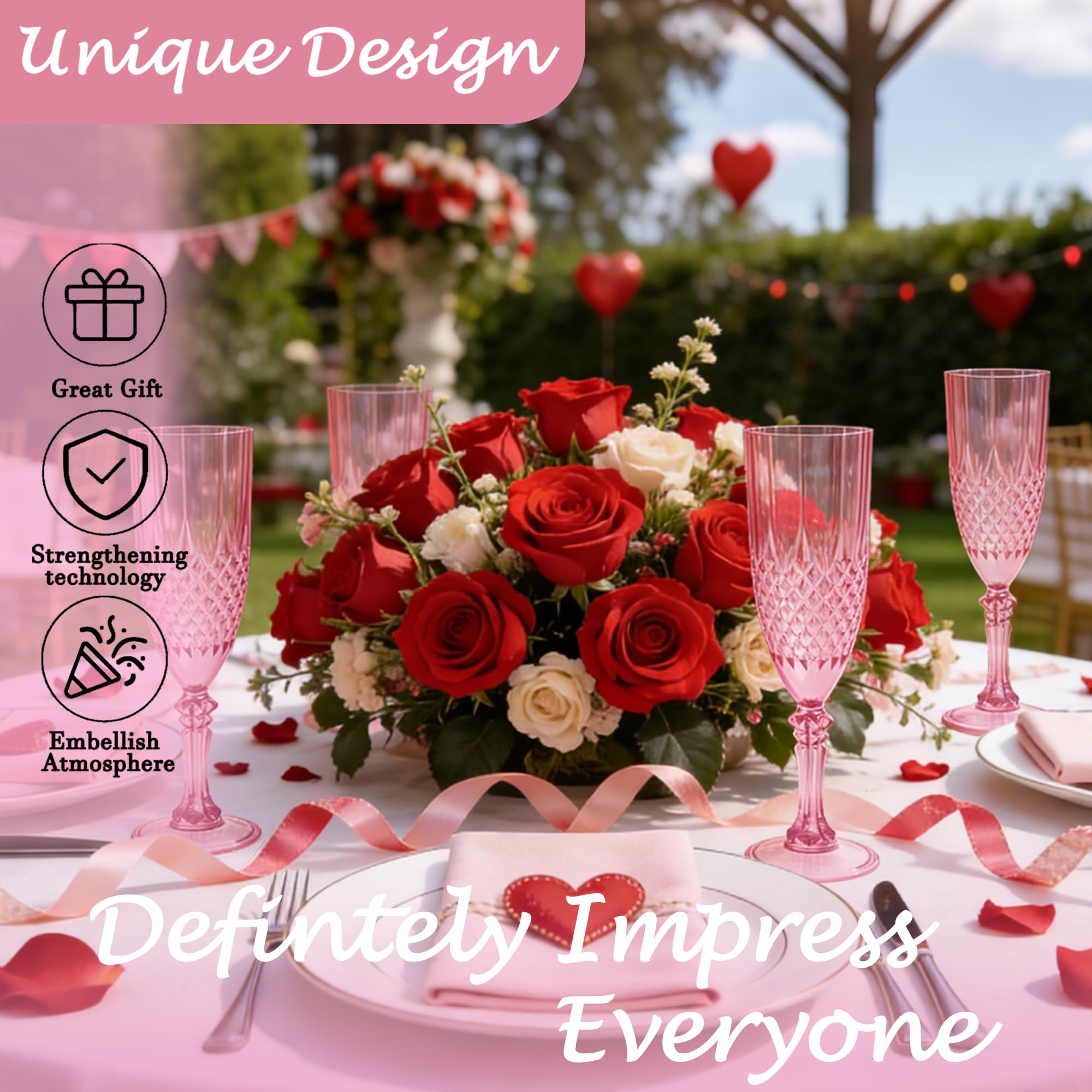 Flute da champagne in plastica, 24 calici da vino in plastica rosa, infrangibili, riutilizzabili, per matrimoni, feste di addio al celibato, brindisi ed eventi (24, rosa)
