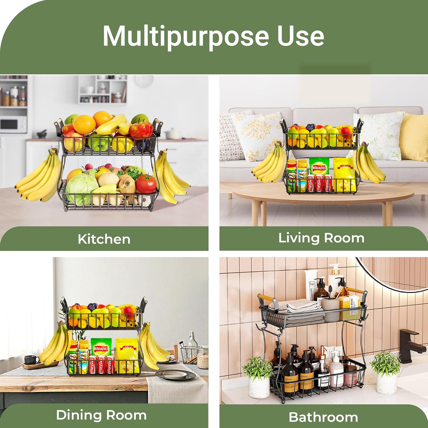 DINEST 2 Tier Basket with Wooden Handle Bar, Detachable and Stylish Black Iron Fruit Bowl, Creative Vegetable & Fruit Storage Organizer Perfect for Single fruit tray (Two Tier with Hanger)