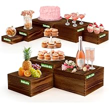 8-Pack Pine Wood Buffet Risers, Multi-Size Nesting Cube Food Display Stands for Buffet Table & Catering, Hollow Bottoms Food Risers for Multi-Level Buffet Presentation-Brown