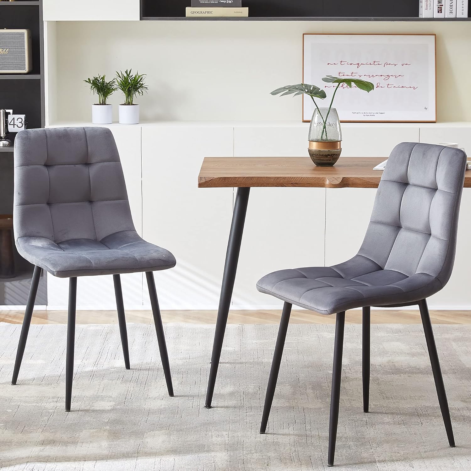 NORDICANA Grey Velvet Dining Chairs Set of 4, Upholstered Tufted Kitchen Chairs, Comfortable Seat, Metal Leg, Easy Assembly