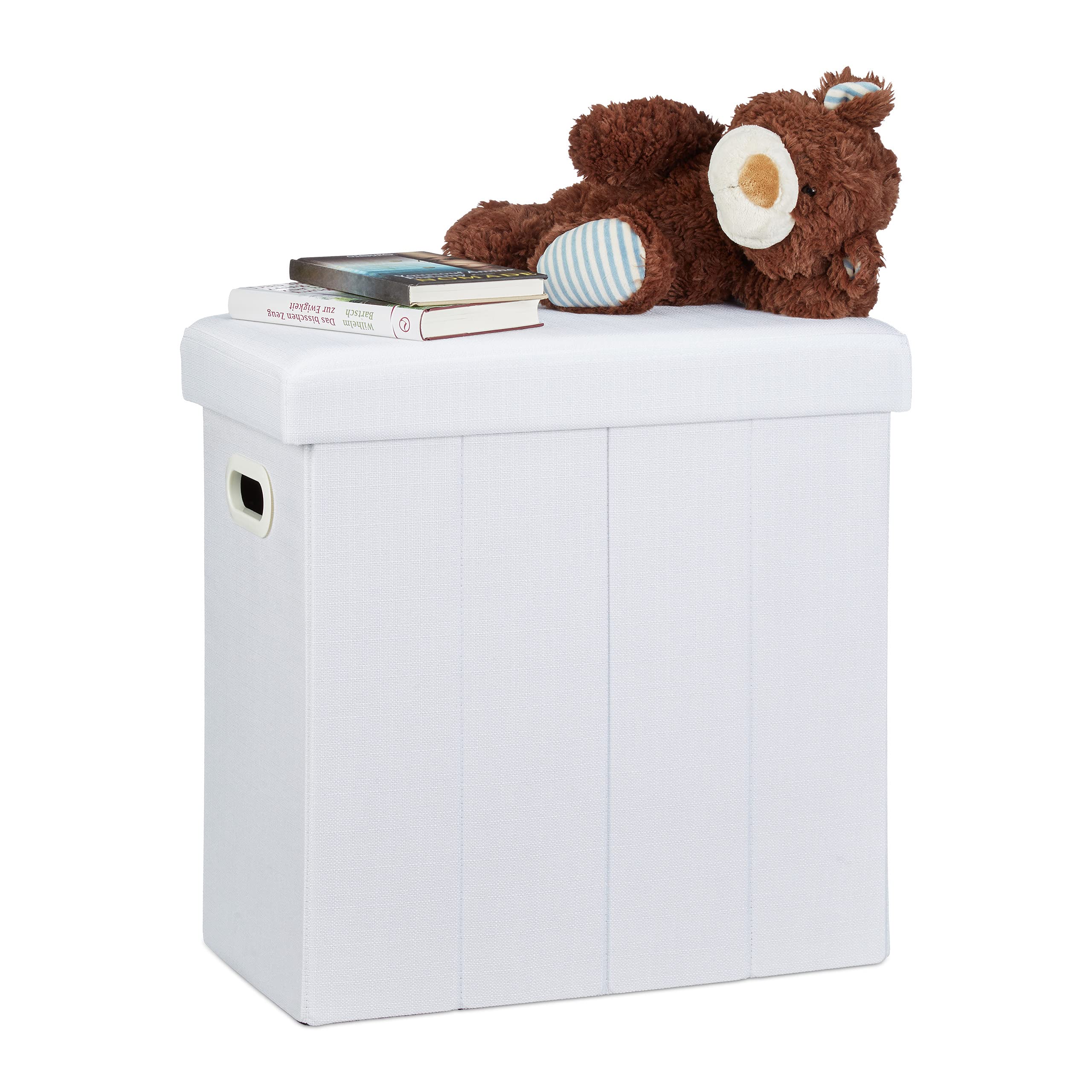 Relaxdays Puff Almacenaje Plegable con Tapa, Poliéster, Blanco, 49,​5 x 46 x 25,​5 cm