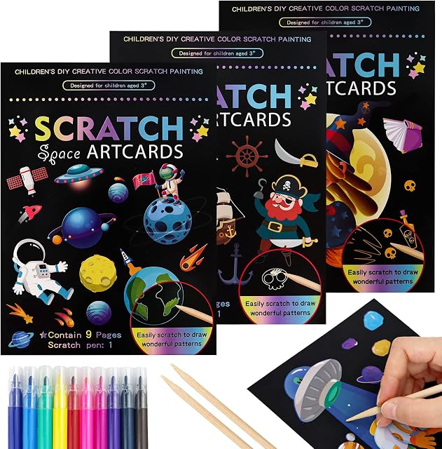 WenYa Scratch and Paint Art Set, 3 Styles Rainbow Scratch Off Paper Art Set for Kids Color Doodle Drawing Supply Colorful Magic Drawing Book for Children Girls (Pirate + Space + Magic)