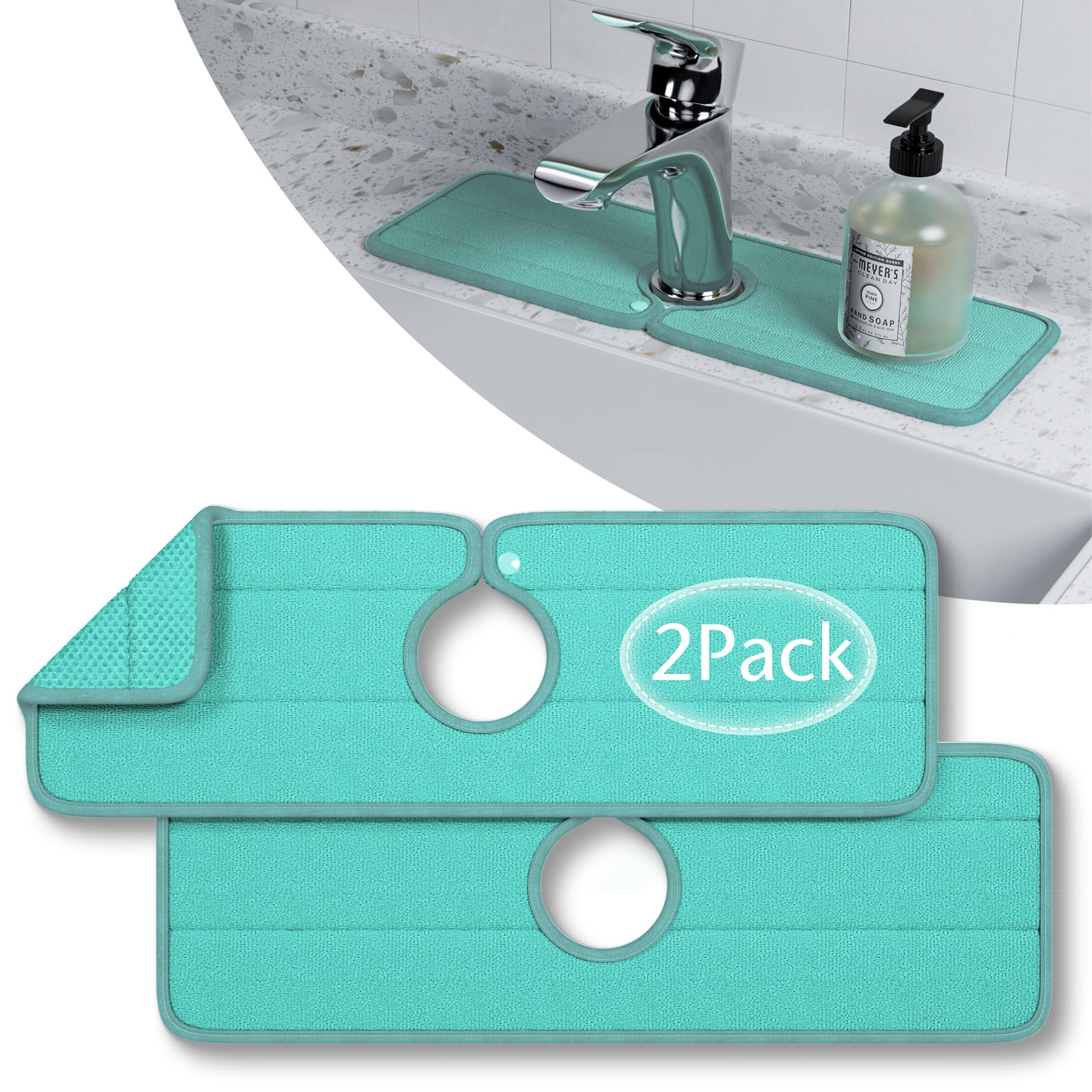 Photo 1 of Semounva 2 Pack Faucet Absorbent Mat, Washable Microfiber Faucet Splash Catcher Sink Splash Guard Drying Mat Countertop Protector for Kitchen, Bathroom, Bar, RV(Aqua-2 Pack) Medium Aqua-2 Pack