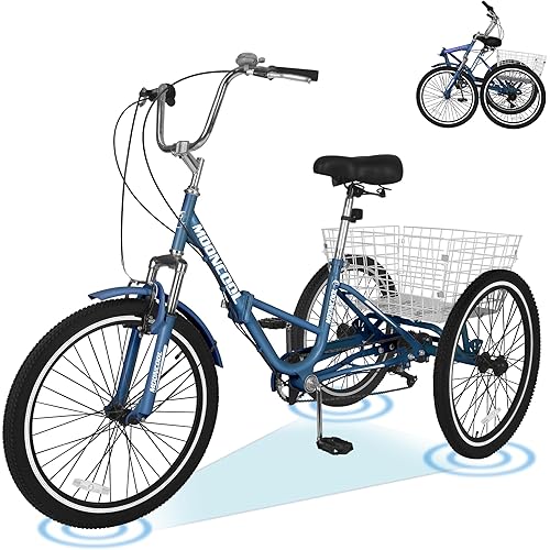 ABORON Folding Adults Tricycles, 20/24/26in Foldable Trike, 7 Speed 2-Wall Wheel Rims, Large Basket for Shopping Picnics Exercise Outdoor Sports Men Women