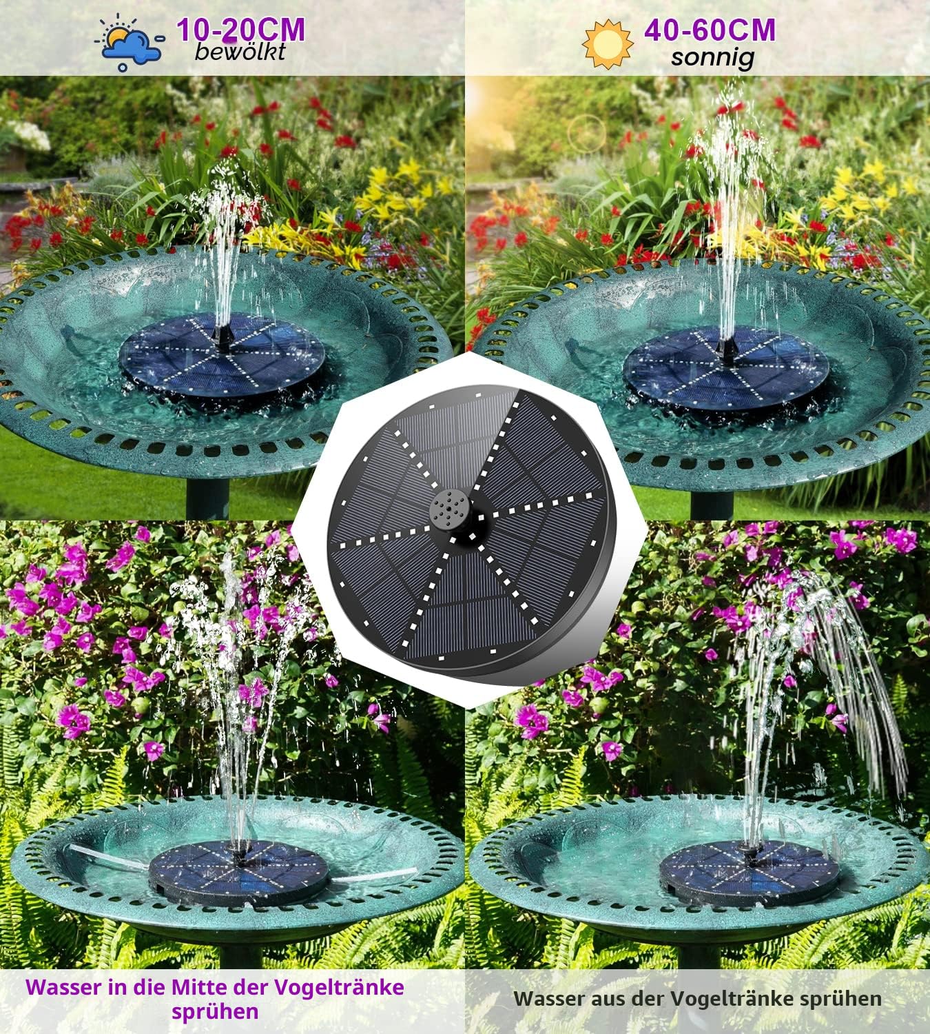 SZMP 4W Solar Springbrunnen für außen mit 4000 mAh Batterie, 60 Bunten LED-Lichtern Solarbrunnen Teichpumpe Solar mit 8 Effekte Solar Wasserpumpe, Solar Schwimmender Fontäne für Draussen, Vogel-Bad