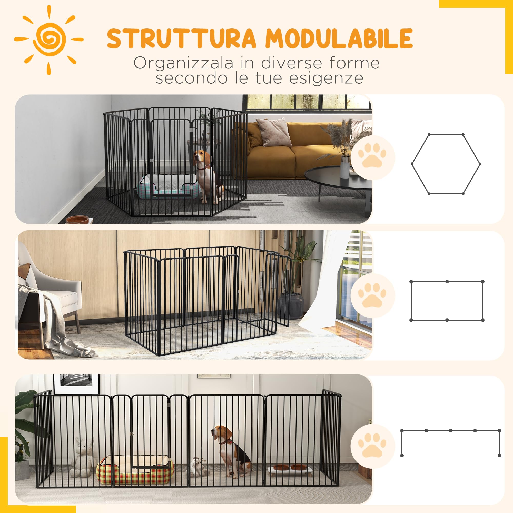 PawHut 6-teiliger modularer Stahl-Hundekäfig 164x83x100 cm Schwarz | Kleine, mittlere & große Größe, Innen- & Außenbereich, Hundegitter, 7 Erdspieße