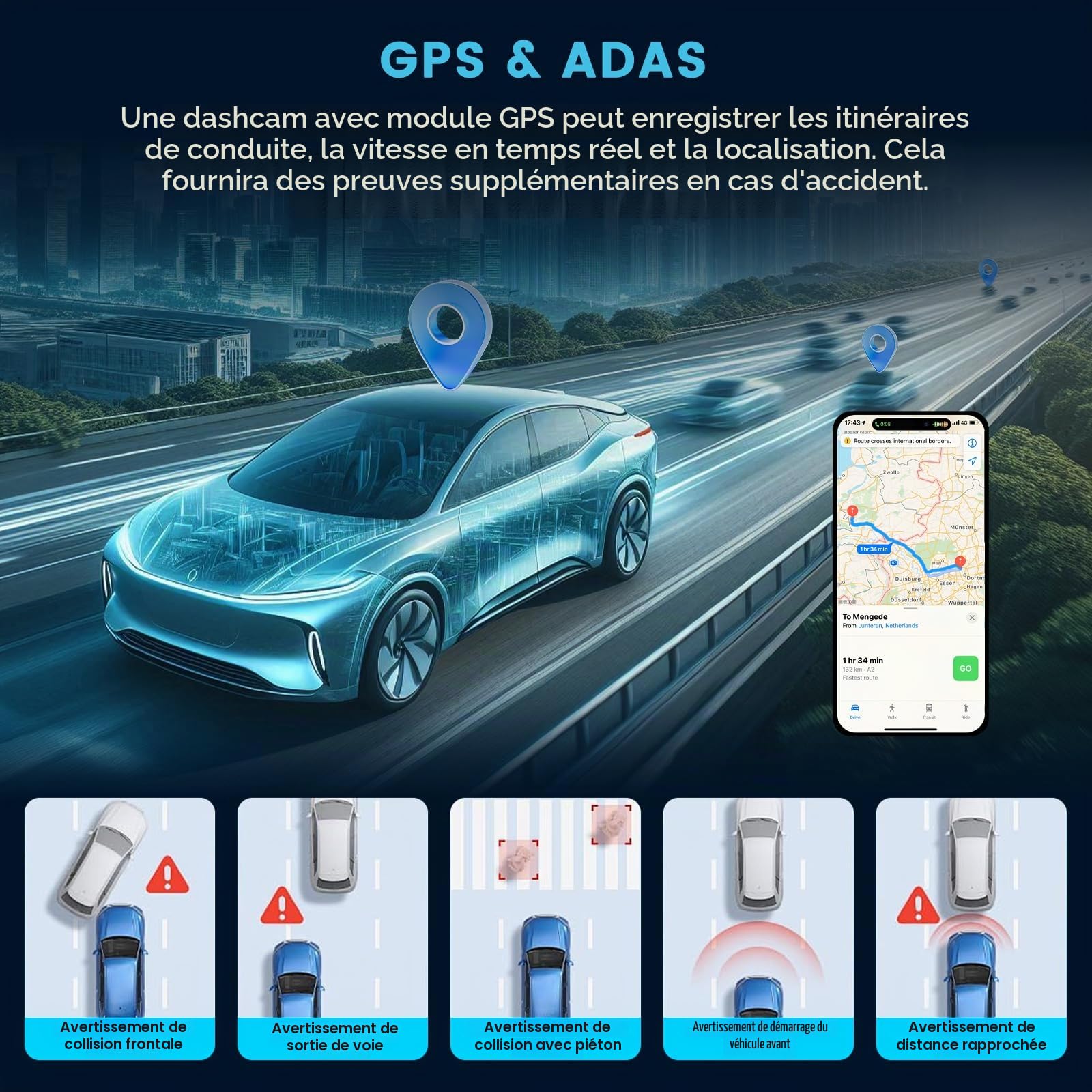 Inefala Dash Cam Rétroviseur 9,66 Écran Tactile 4K WiFi&APP GPS Carte 64 Go