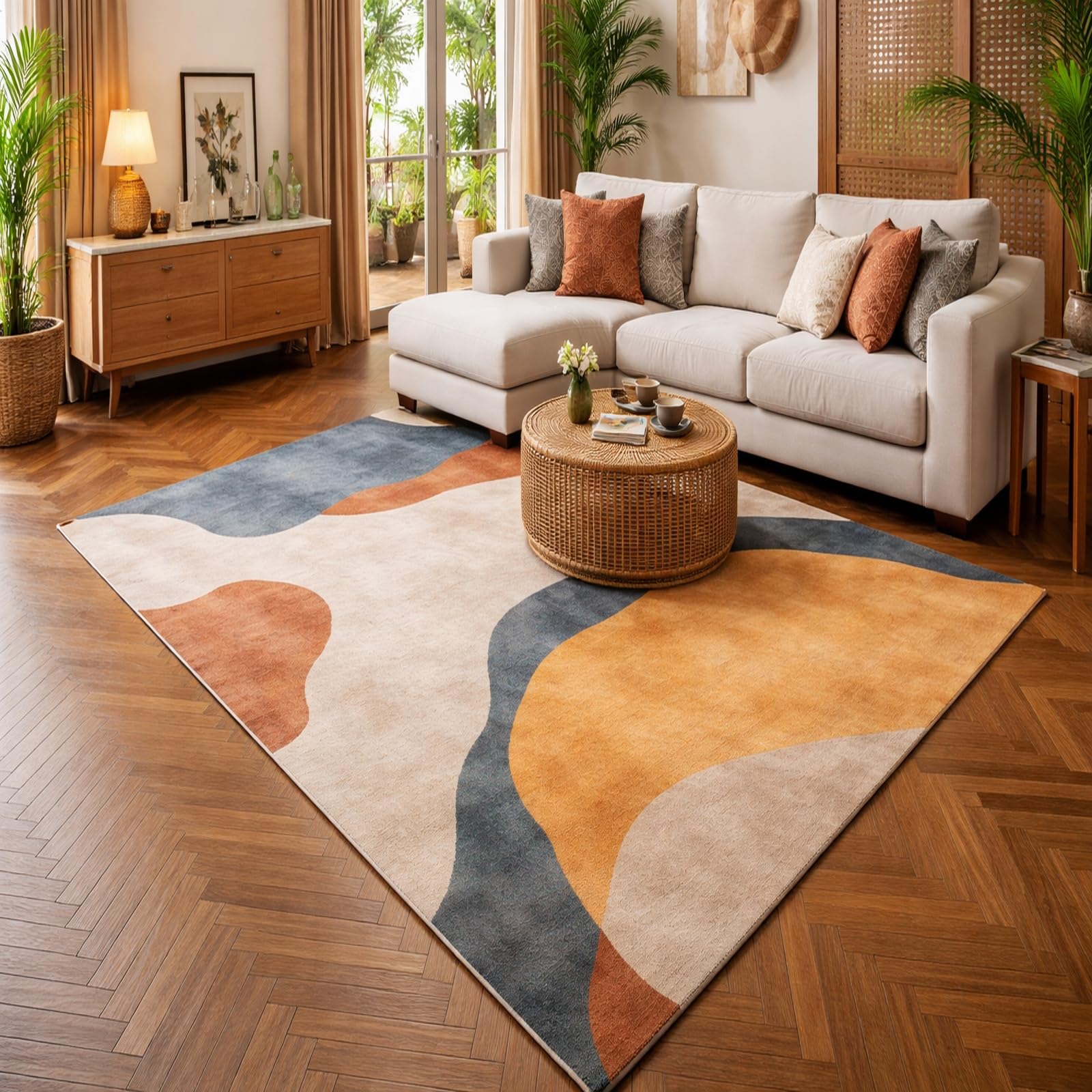 Alfombra lavable contra manchas Rururug de pelo corto beige para entrada interior