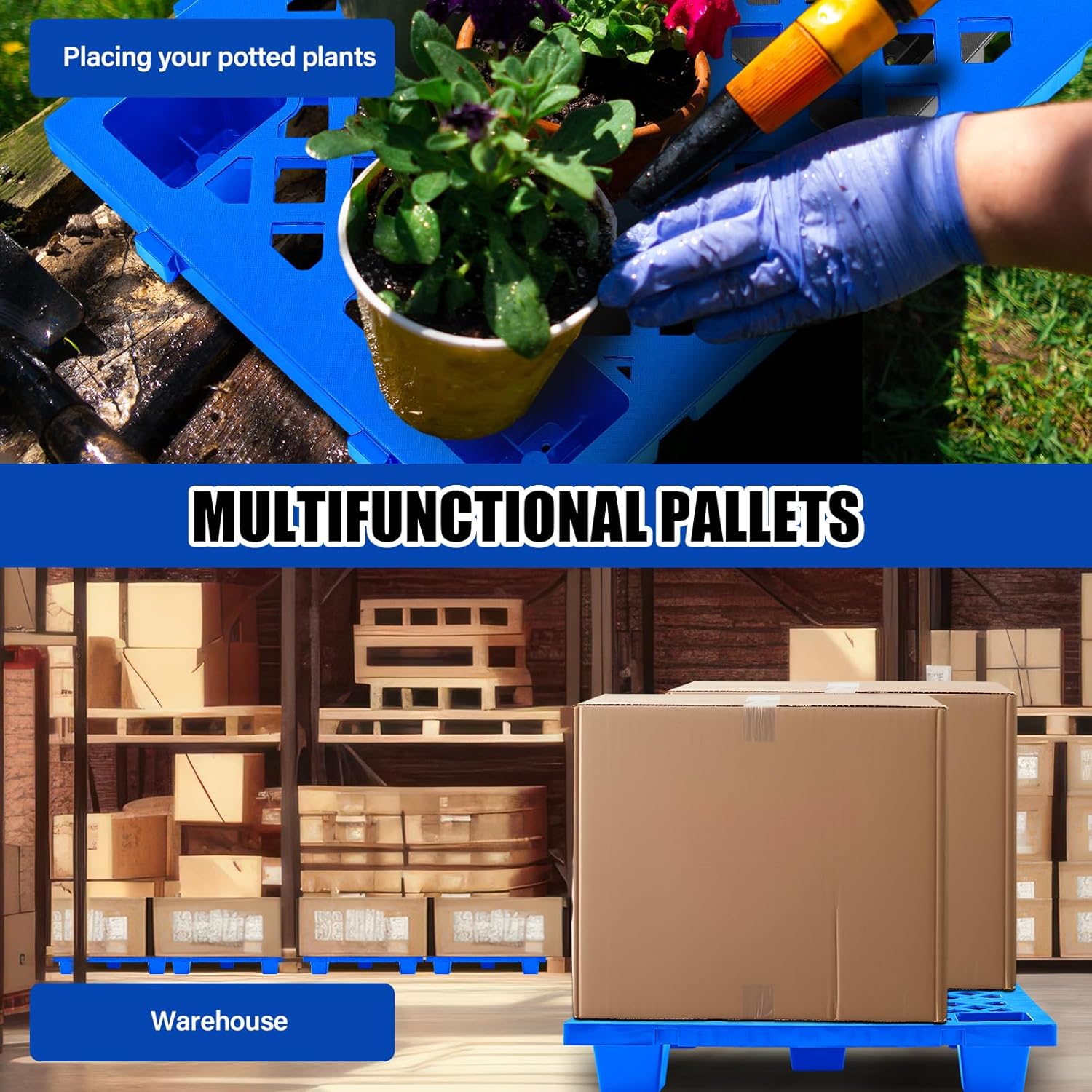 8 Pcs Plastic Pallet Lightweight Nestable Polyethylene Pallets 23.6" x 15.8" x 3.9" Interlocking Storage Pad with Breathable Grids for Basement Restaurant Kitchen Supermarket (Blue)