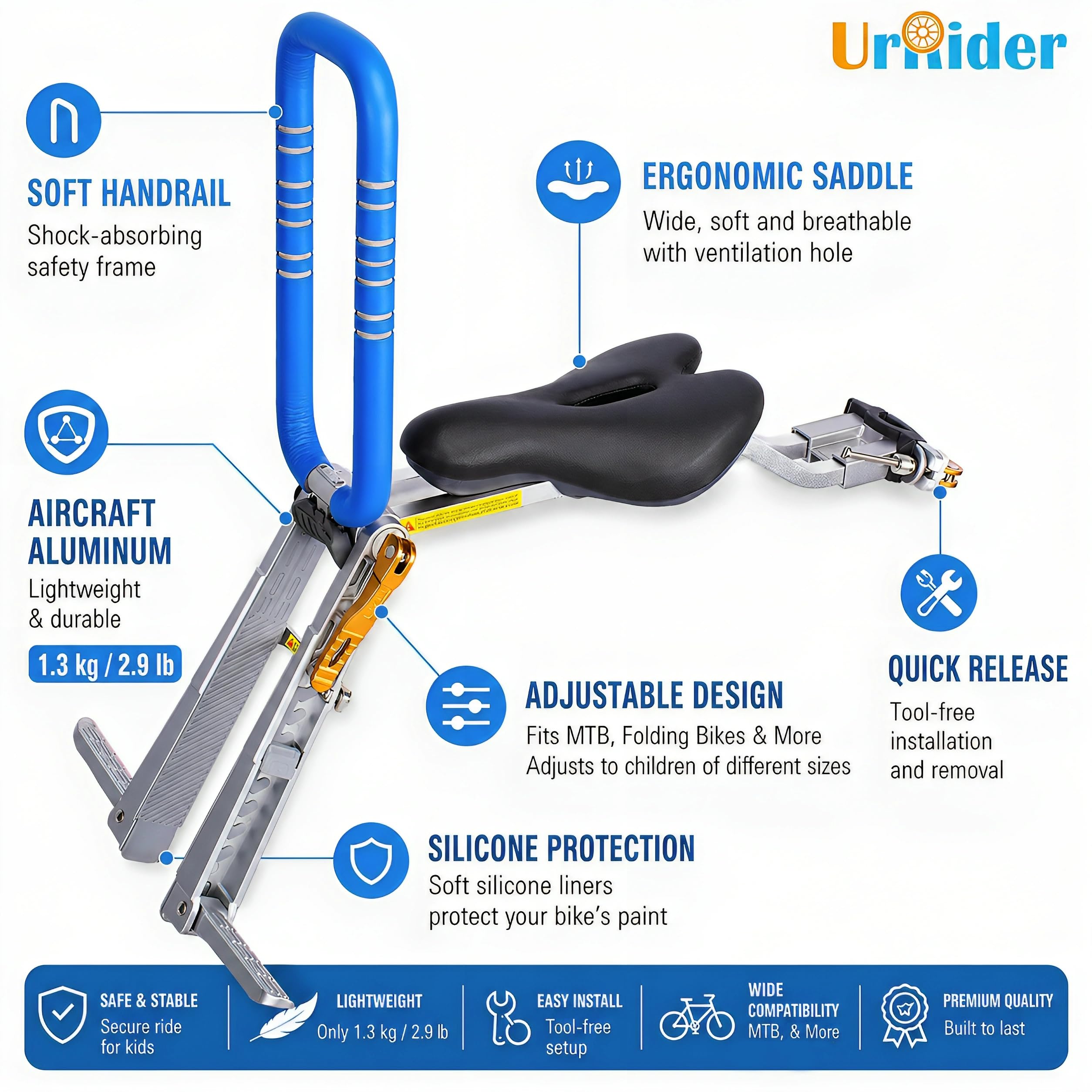UrRider Siège de Vélo pour Enfant Pliable Portable Montage Avant à Dégagement Rapide sans Outil