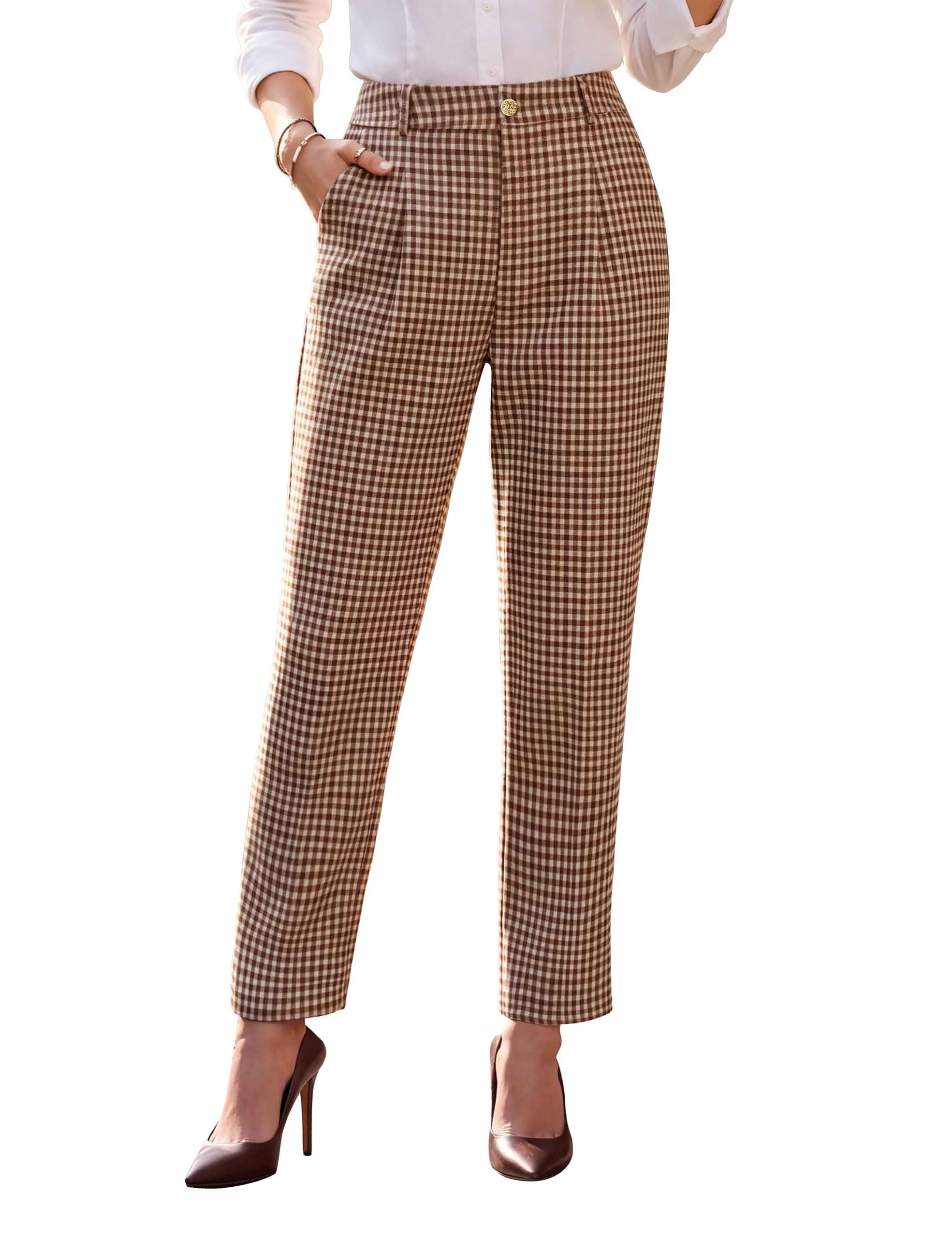 Blooming Jelly Women's Gingham Pants High Waisted Straight Leg Trousers Cherkered Pattern, Office Dress Pants, Wrinkle-resistant Fabric, Elastic Waistband, Functional Pockets, Belt Loops