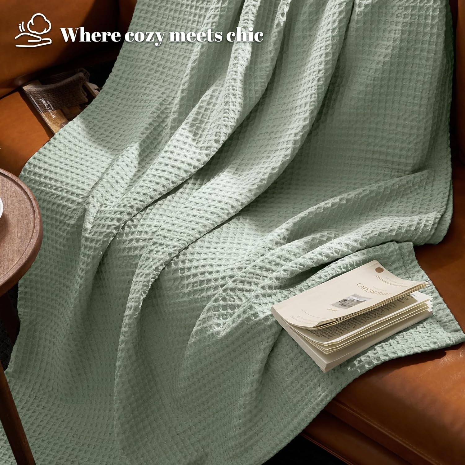 PHF Ultra Soft Waffle Weave Throw Blanket 50"x 60"- Washed Lightweight Breathable Cozy Woven Blanket for Bed - Aesthetic Decor for Couch Bedding Sofa Home Car - Sage Green/Mint Green