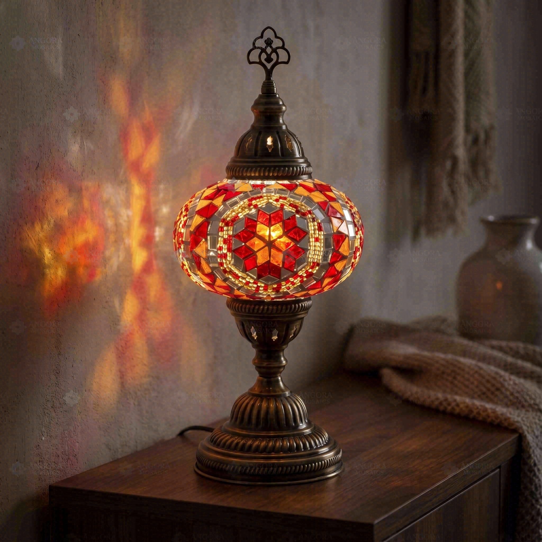 ENVA Czerwona turecka mozaika lampa stołowa - ręcznie wykonana mozaika szklana lampka nocna - geometryczny wzór gwiazdy - marokańska lampa biurkowa boho