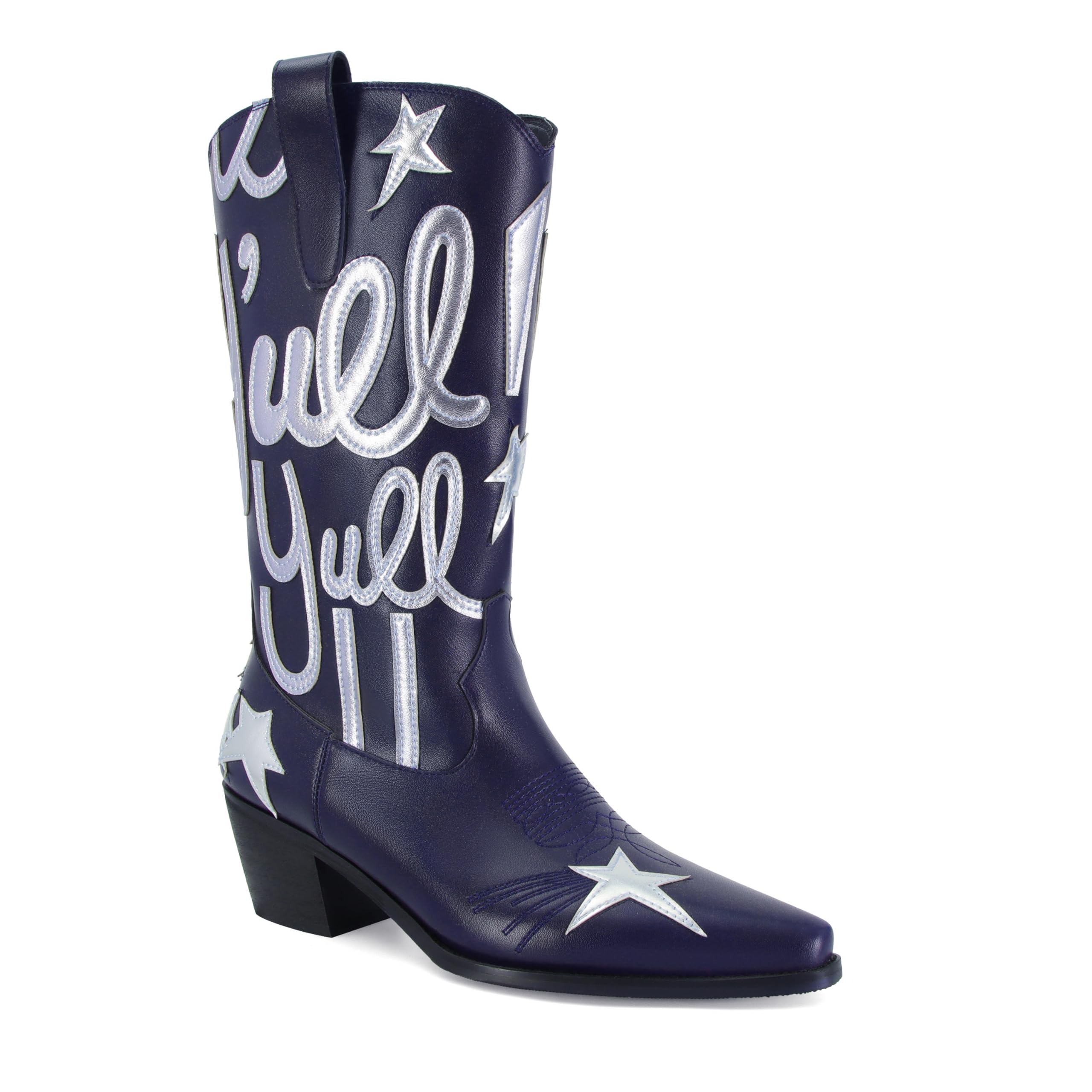 Cowboy Boots for Women Pull On Mid Calf Western Boots Fashion Embroidery Cowgirl Boots Pointed Toe Chunky Heel