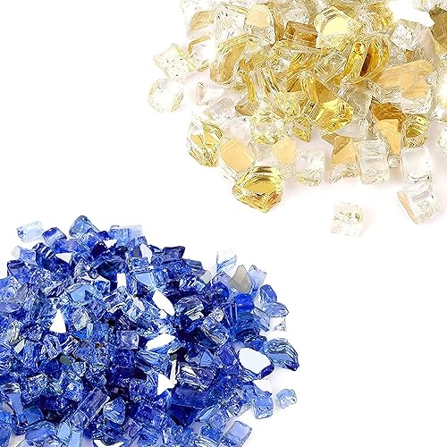 Skyflame Vidrio de fuego de alto brillo de 20 libras para paisajismo de chimeneas, 12 pulgada azul cobalto reflectante y dorado reflectante