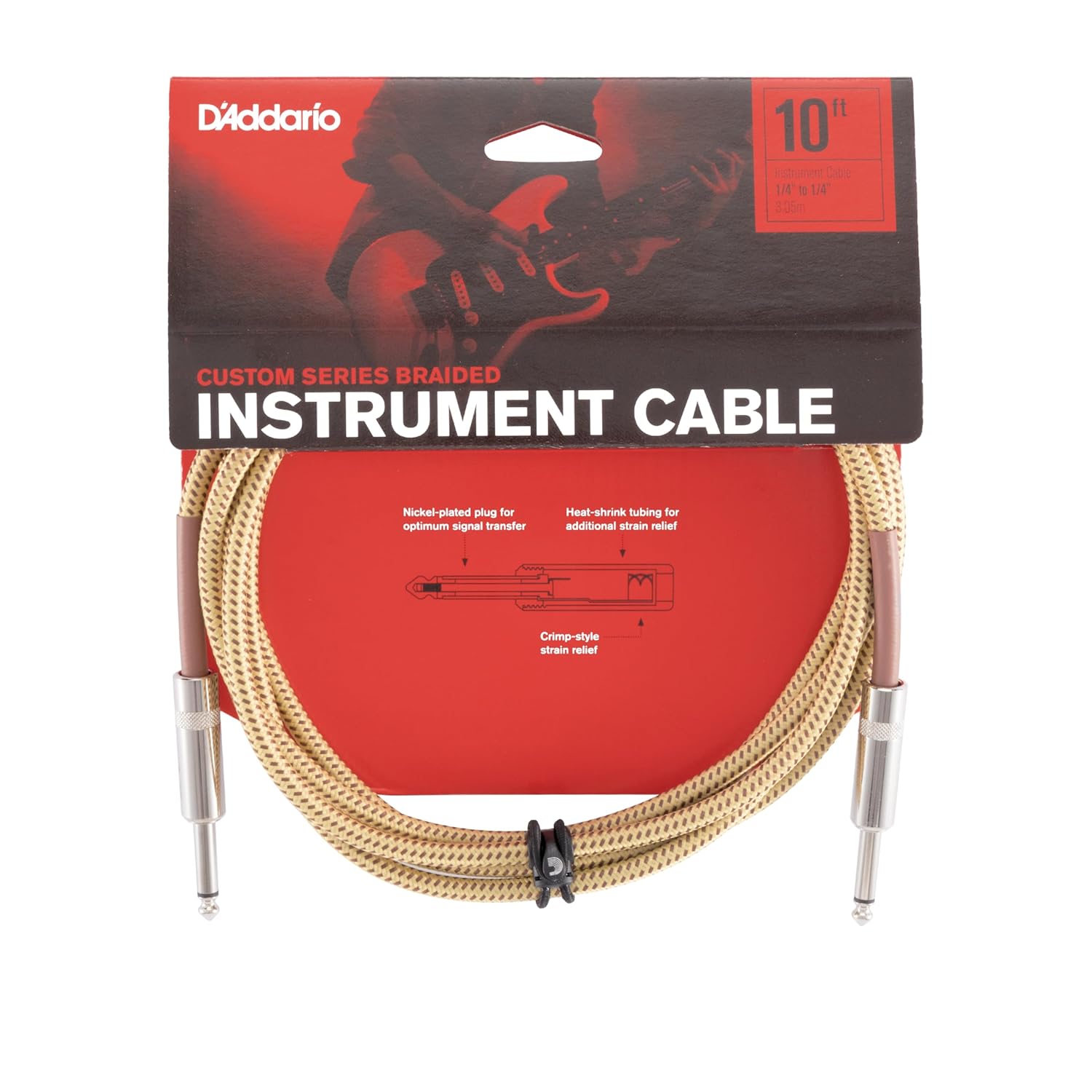 D'Addario Guitar Cable - Guitar Lead - Instrument Cable - Guitar Accessories - Custom Series Braided Cable - 10 Feet/3.05 Meters - Tweed - 1 Pack
