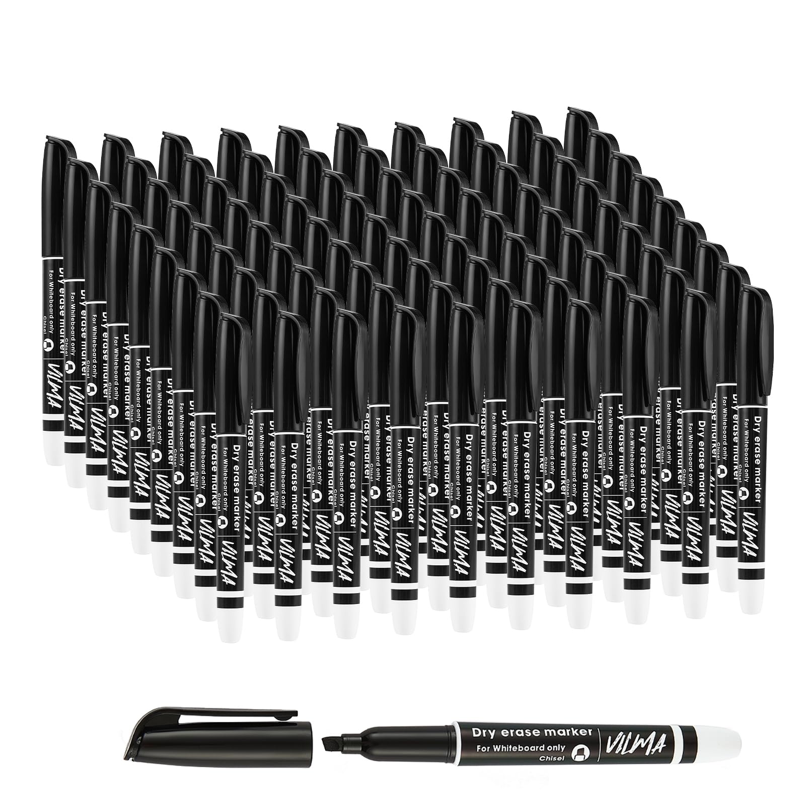 VILMA Whiteboard Pens Black Bulk Pack of 90, Chisel Tip, Dry Wipe Markers Low Odour, Quick Dry, Smudge Resistant for Office and Commercial Use