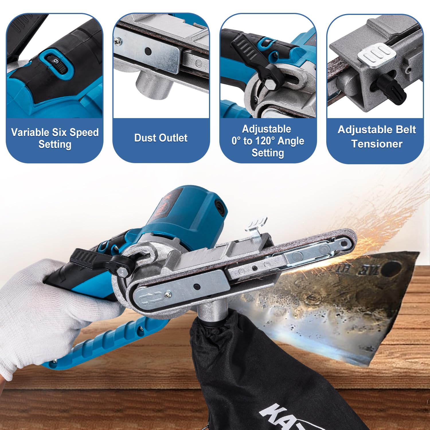 KATSU Tools Levigatrice a nastro elettrica 400 W, levigatura e lucidatura, include nastri abrasivi e sacchetto polvere