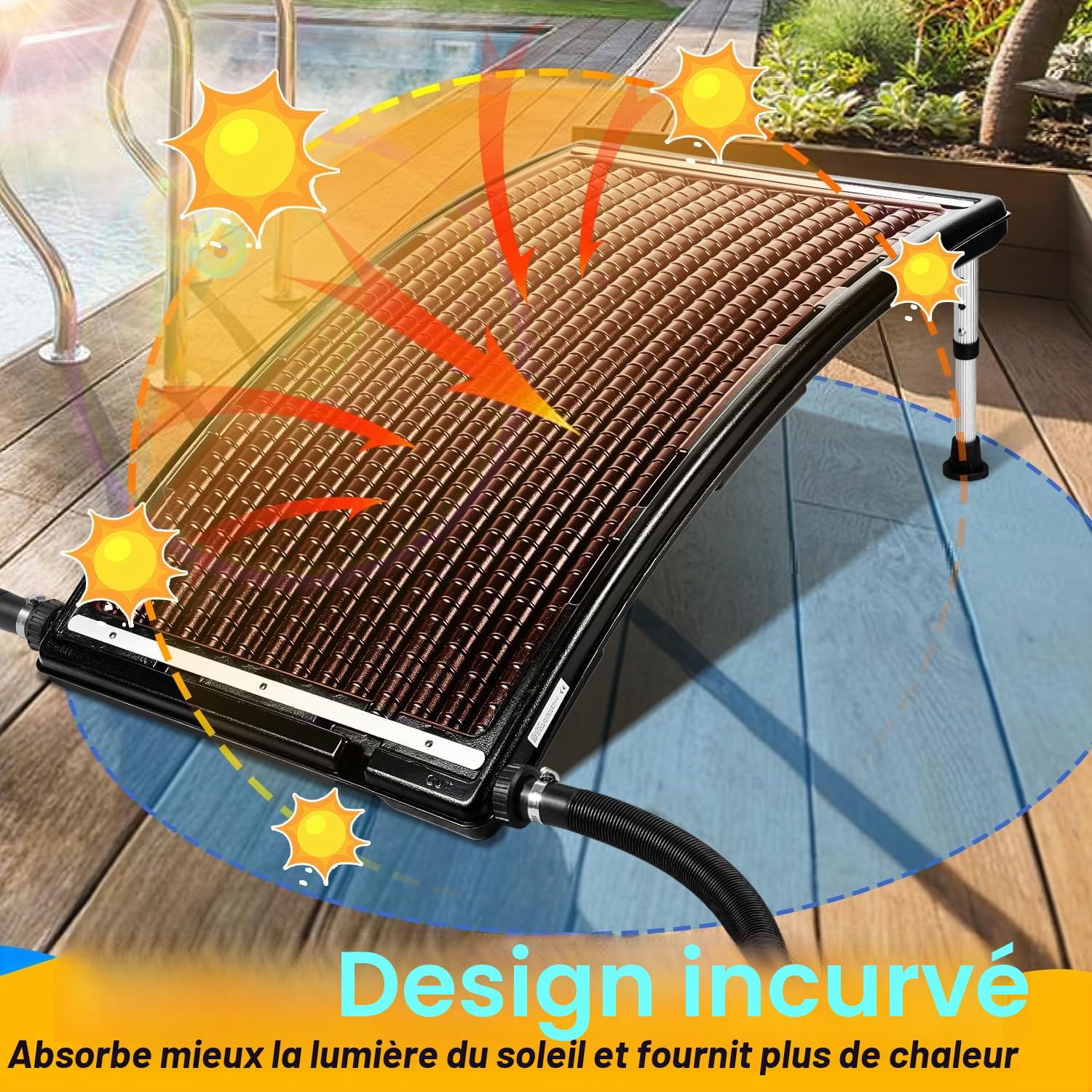 Chauffage solaire pour piscine x 1, chauffage solaire pour piscine collecteur solaire 110 x 65 x 35 cm, chauffe-piscine solaire réglable en hauteur pour piscines jusqu'à 10 000 L/H