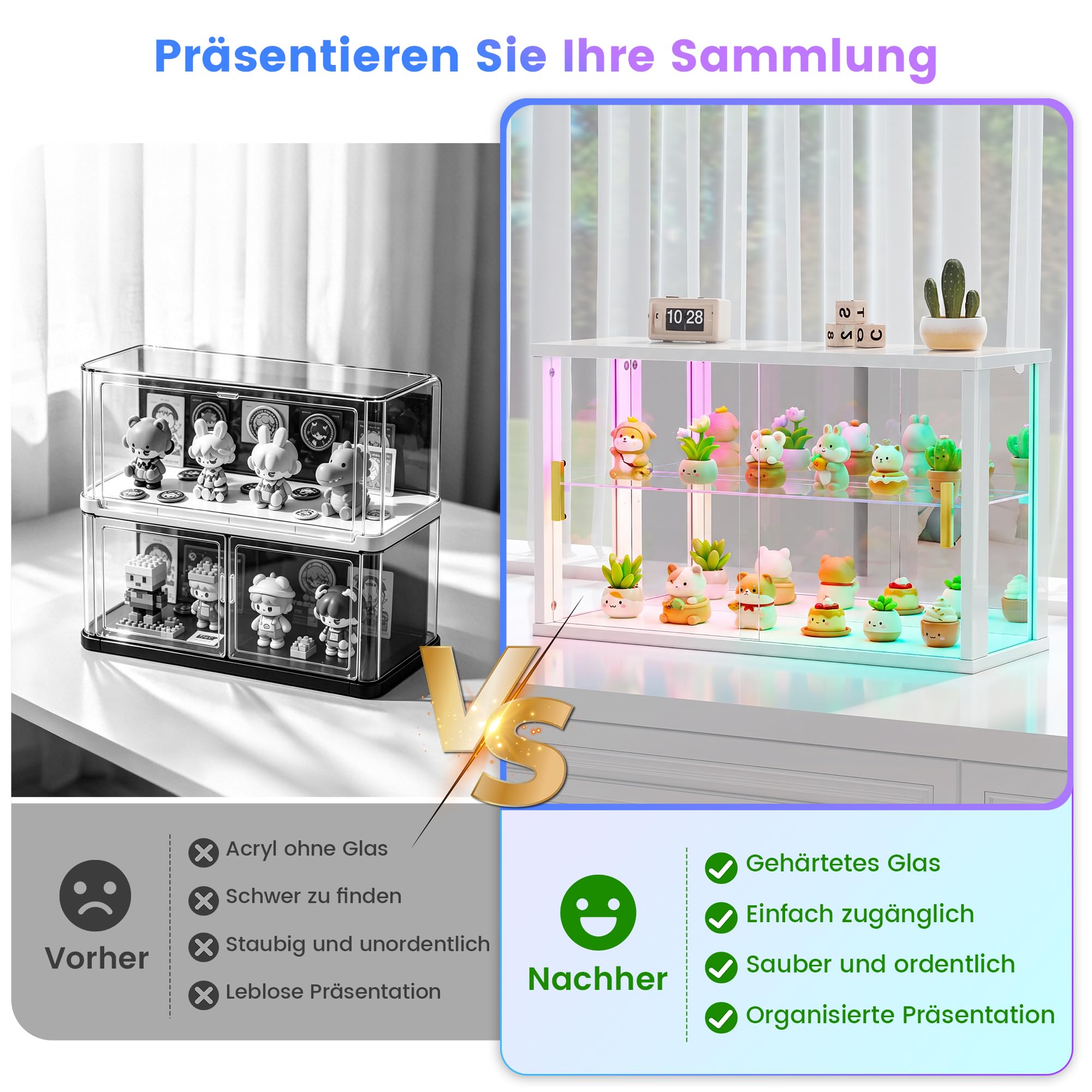 Vlsrka Vitrina de Cristal con Iluminación LED RGB y Puertas Acristaladas | Vitrine pour Figurines, Vitrine de Collection et étagères Réglables pour Adaptées au Chambre Bureau Salon