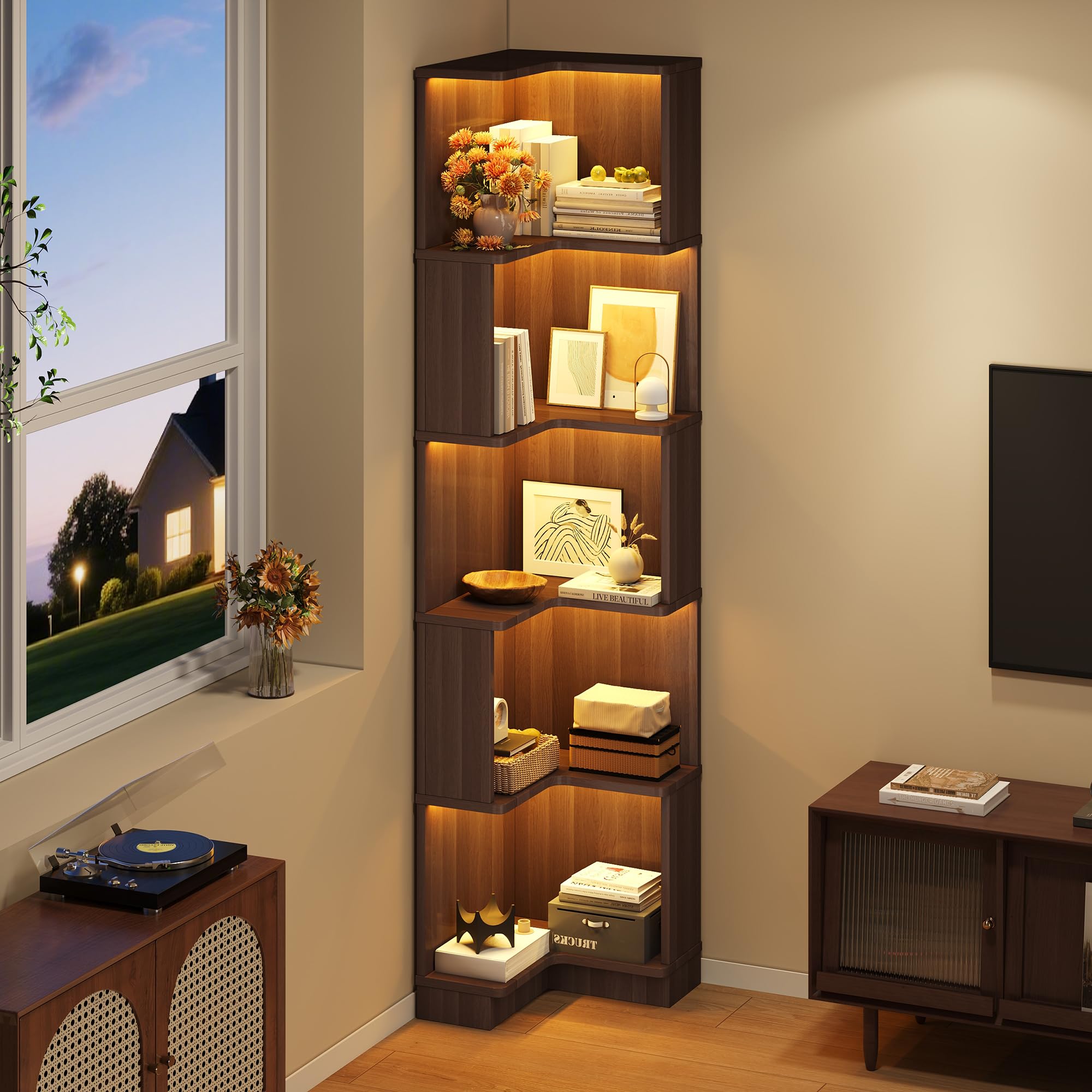 BTM Eckbücherregal mit LED-Lichtleiste Eckregal Holz Stehend Wohnzimmer Bücherregal Schmal, Braun 63.5 x 45 x 175cm