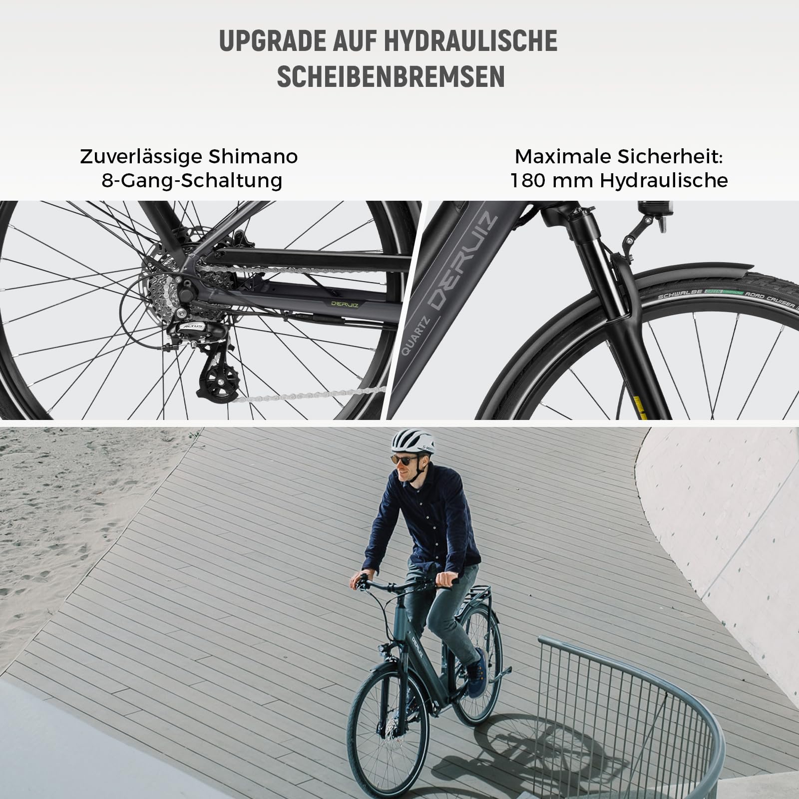 DERUIZ Vélo électrique à quartz 28" pour adultes, vélo de ville homme et femme avec batterie 48 V 13,4 Ah, portée maximale 161 km, freins hydrauliques, capteur de couple, vélo électrique avec