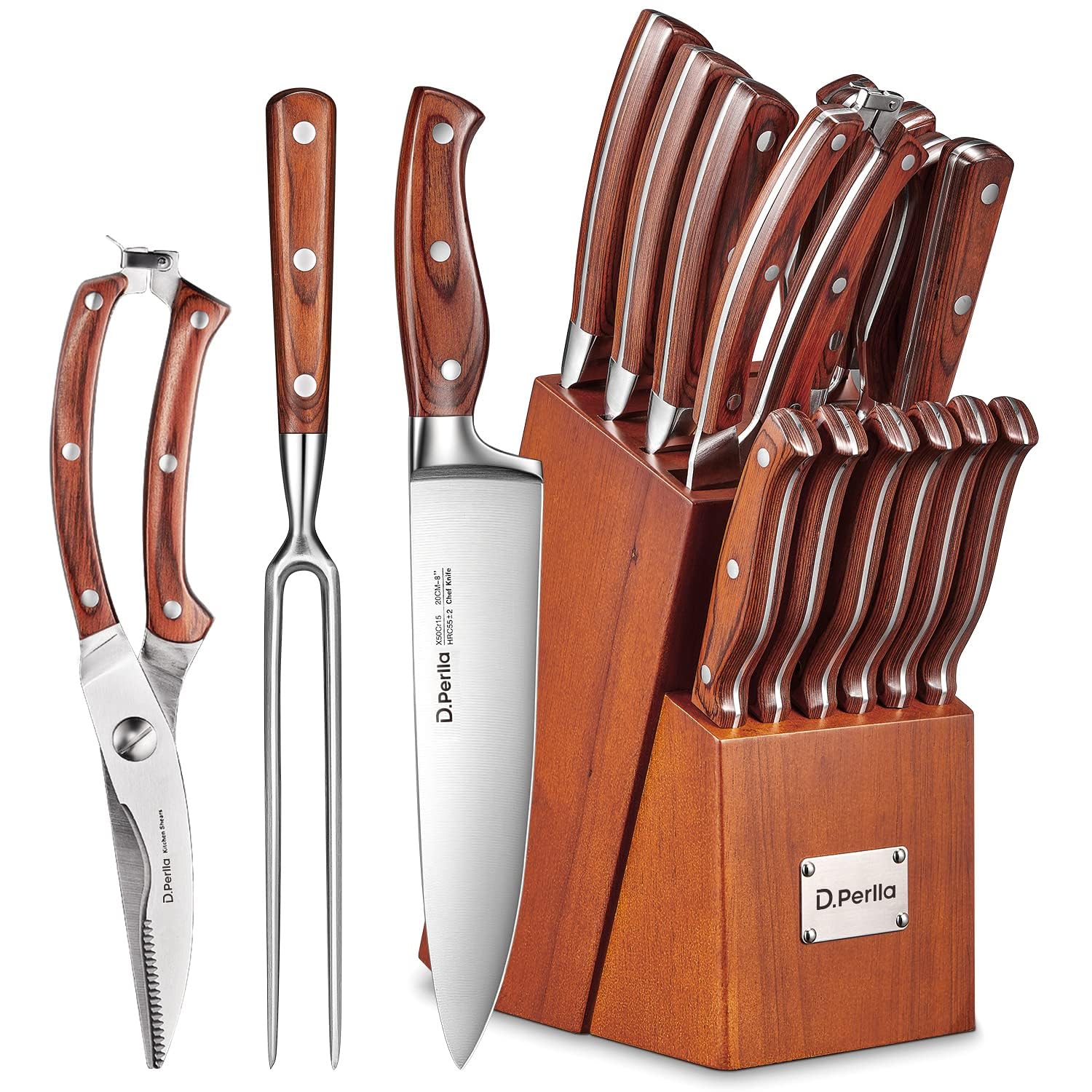Kitchen Knife Set, 16 Pcs Stainless Steel Kitchen Knife Set with Sharpener & Wooden Block, Knife Block Set with Wood Handle, Chef, Santoku, Bread,Utility, Paring, Carving, Fork Knife, Brown