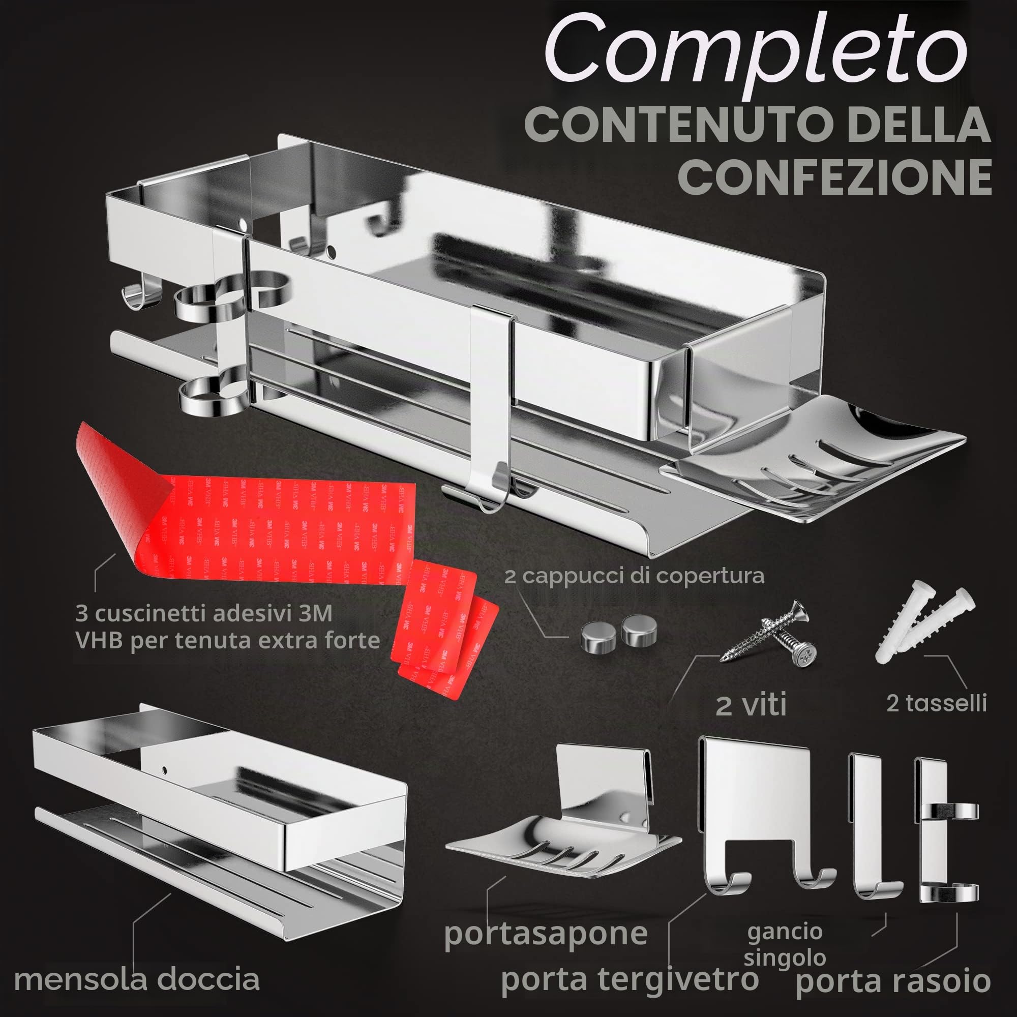 HENAL® Set di ripiani per doccia 5 in 1, in acciaio inox lucido, incollare senza forare, con supporto per rasoio, supporto per tergicristallo doccia, portasapone e gancio, XXL