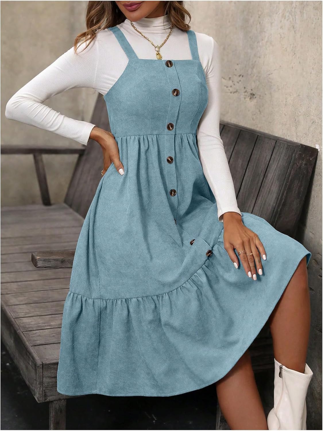 WDIRARA Women's Button Front Sleeveless Ruffle Hem Pinafore Dress Corduroy Jumper Dress - Image 6