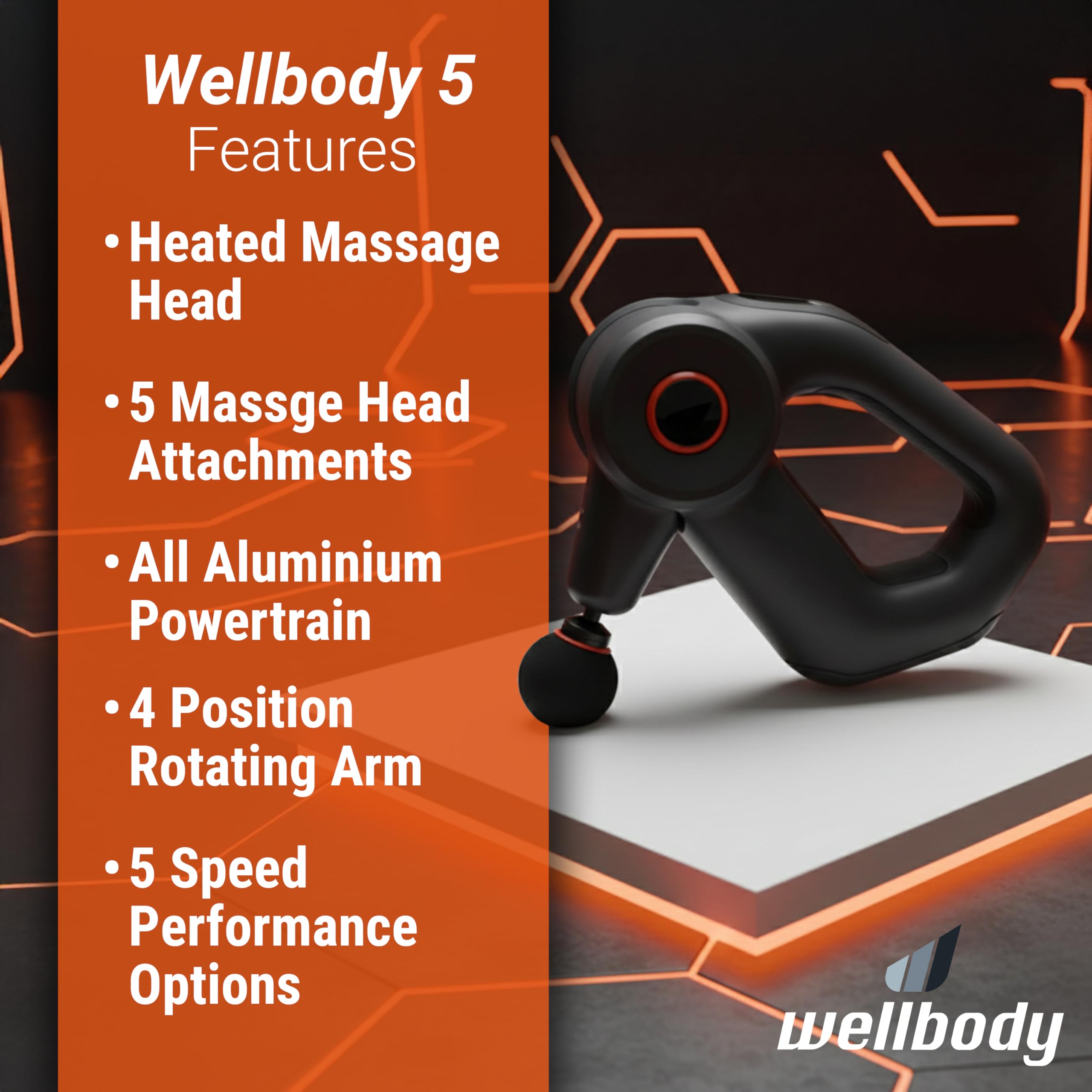 Wellbody 5 | Pistola per massaggio termico | Dispositivo di massaggio profondo dei tessuti | Tecnologia Heatball | Portatile portatile silenzioso | Strumento di massaggio per i muscoli | Tutto in