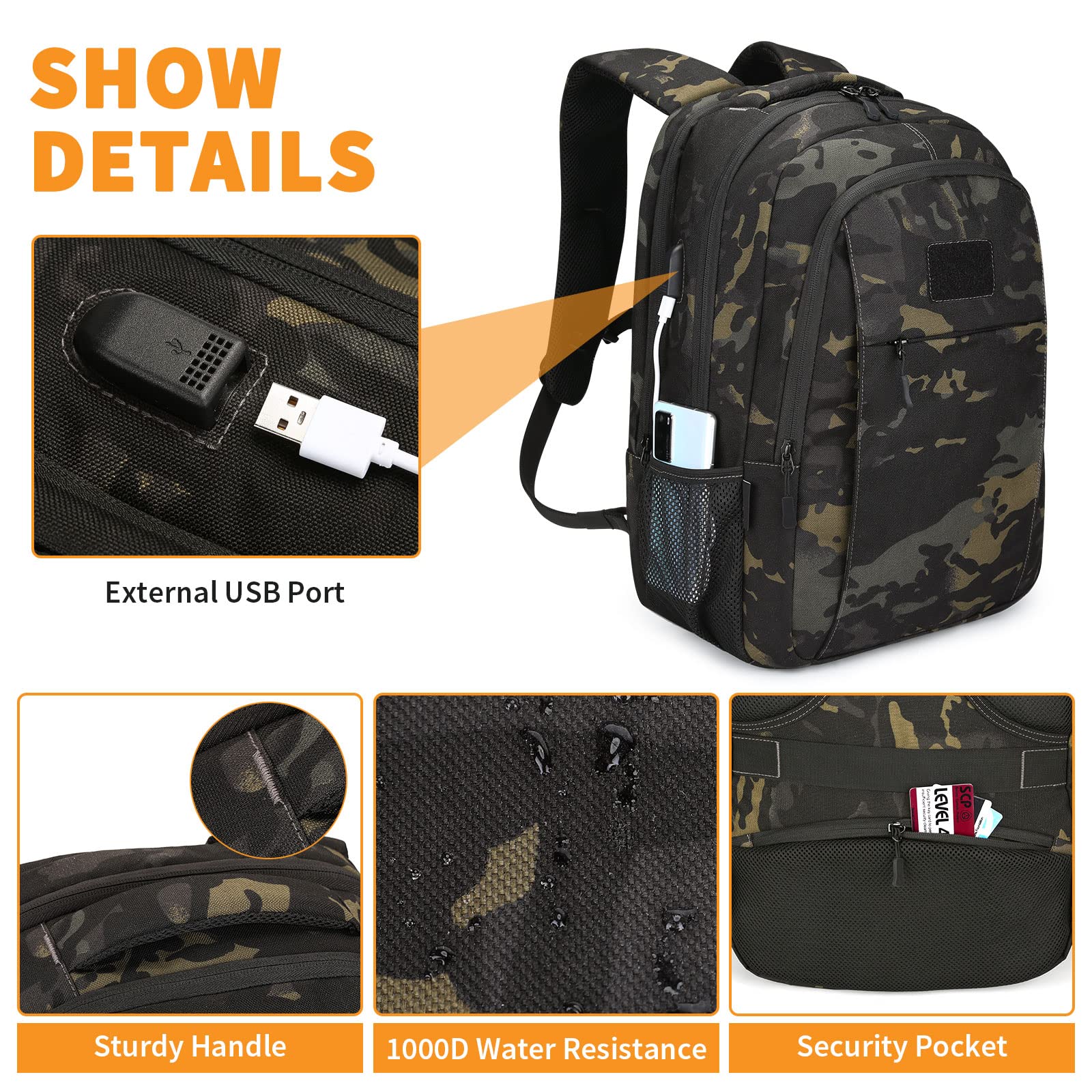 HUNTVP Zaino Tattico Impermeabile In Nylon 1000D, Porta PC, Unisex, 33x46x18 Cm, Per Lavoro, Viaggi E Sport, Colore Nero - 3
