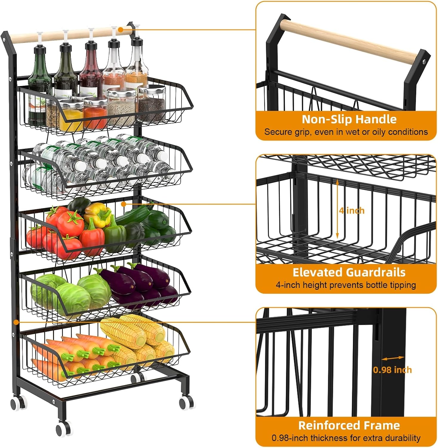 Kitchen Cart with Storage Fruit Vegetable Basket, 5-Tier Metal Wire Adjustable Snack Organizer Rolling Pantry Cart on Wheels, for Fruit, Potato, Onion, Vegetable, Snack, Produce Black