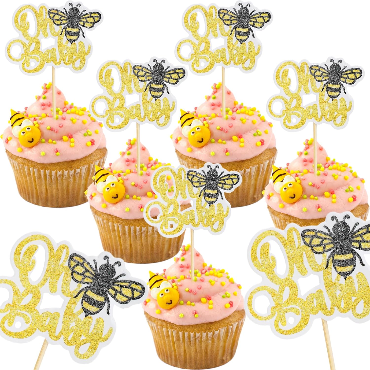 48 Stück Bumble Bee Cupcake Toppers – Schwarz & Gold Glitzernd, Für Bienen-Themenparty, Baby Shower Oder Geburtstag