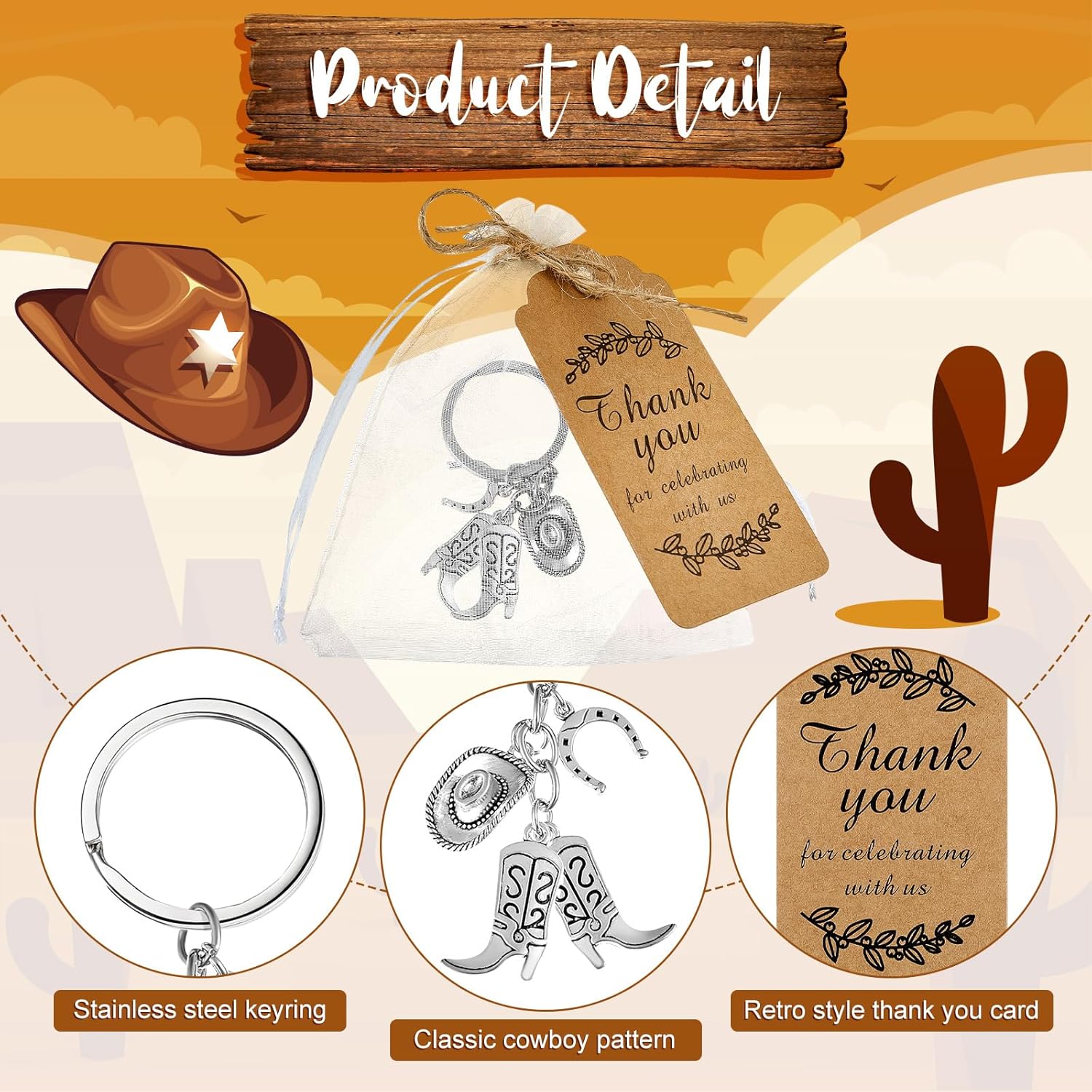 100 Set Cowboy Western Party Favors Cowboy Keychain Hat Boot Horse Shoe Keyring with Organza Bags Thank You Tags and Rope for Guests Western Party Favor Supplies (Classic Style)