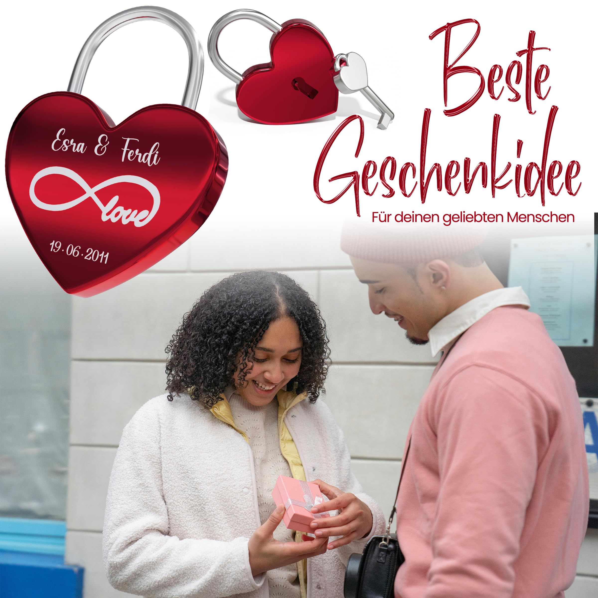 Liebesschloss mit Gravur - Rotes Schloss mit individueller Gravur, witterungsbeständig - Perfektes Liebesgeschenk für Sie und Ihn, ideal für Valentinstag