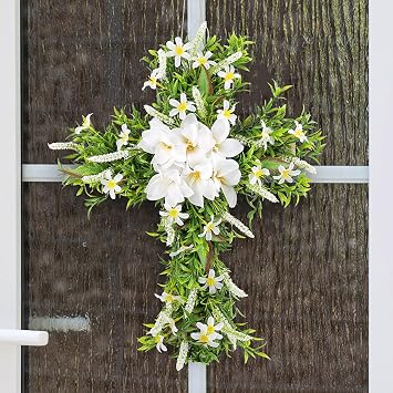 Boxwood Cross Bow Wall Hanger Wreath 20 Inch Easter White Lily Wreath for Front Door Wildflowers Cross Religious Decoration for Indoor Outdoor Porch Window Holiday Wedding Party