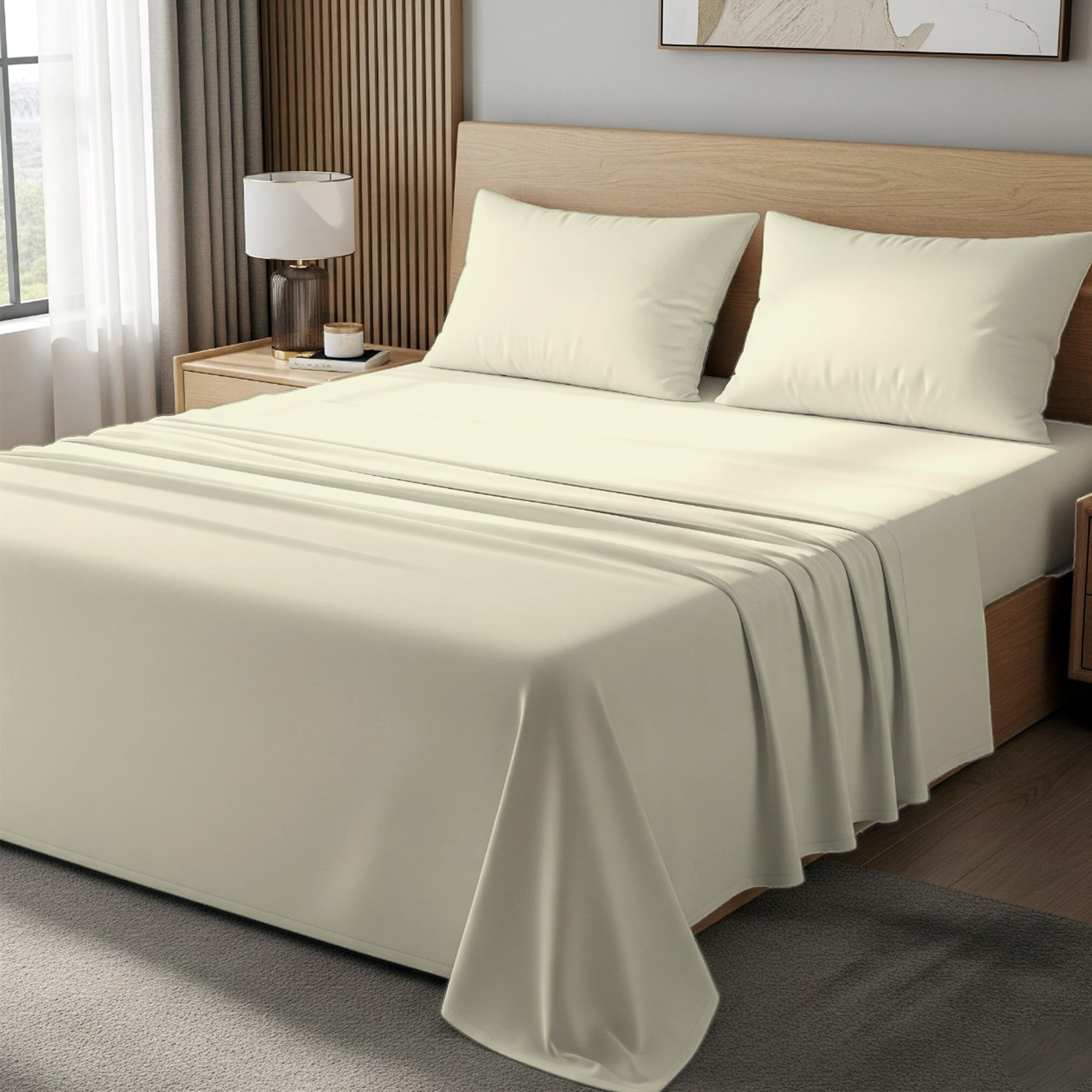 Bloombedding Cream 100% Egyptian Cotton 400Tc Double 3Pc Flat Sheet Set, Skin Safe