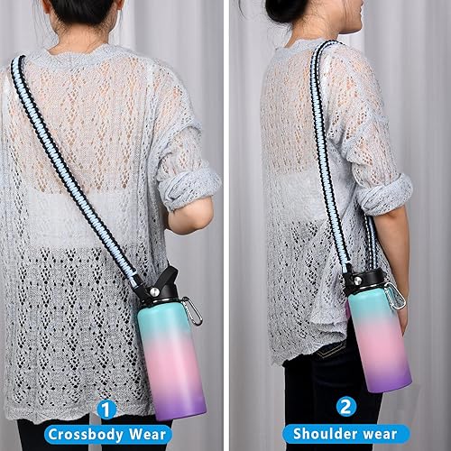 Miniatura 5 de Wongeto Correa de hombro con mango de paracord, compatible con botellas de agua Hydro Flask de boca ancha de 12 a 64 onzas (no compatible con el