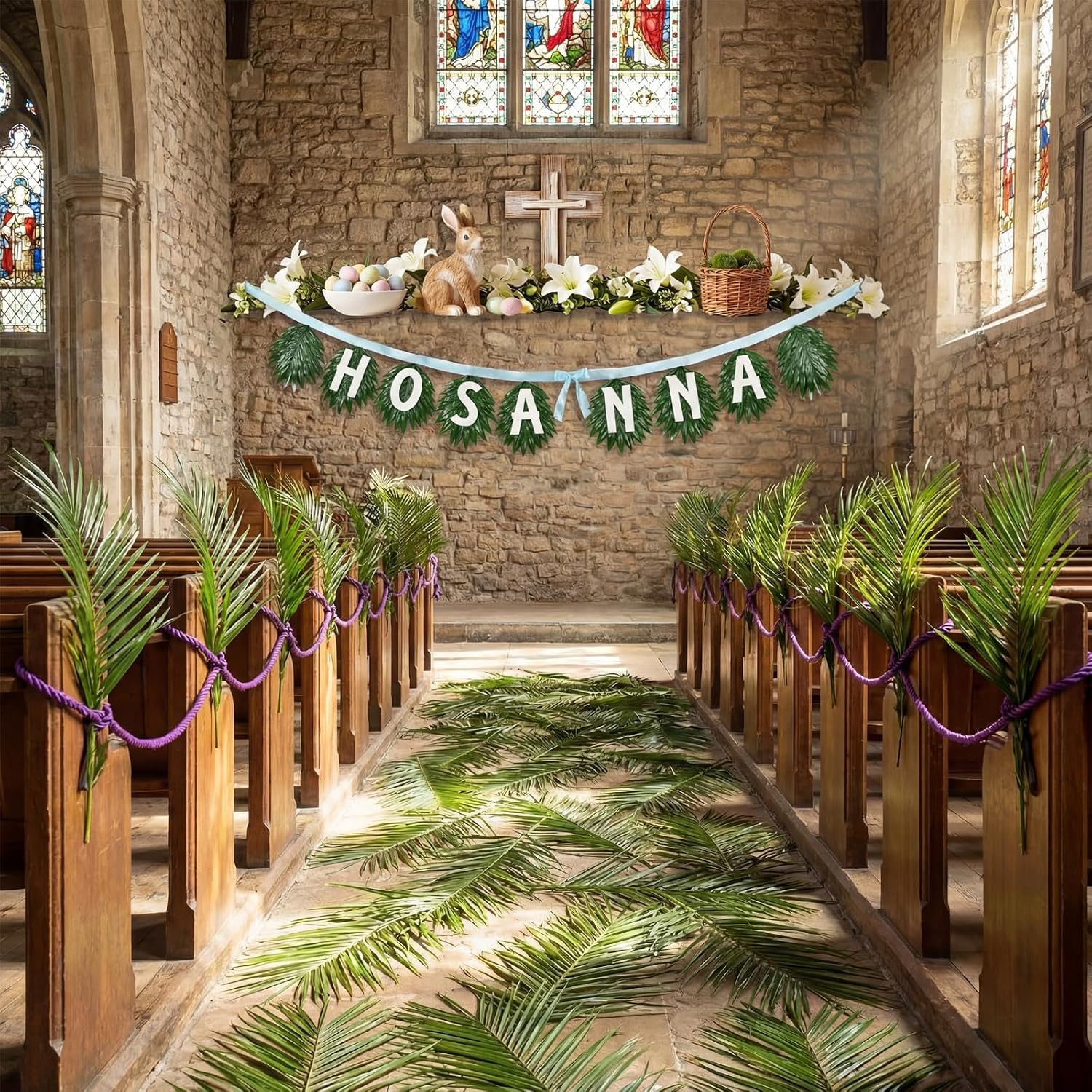 Marsui Palm Sunday Hosanna Garlands Decorations Easter Palm Leaf Religious Church Garlands Banner for Holy Week Christian Sunday School Party Shelf Fireplace Wall Decor