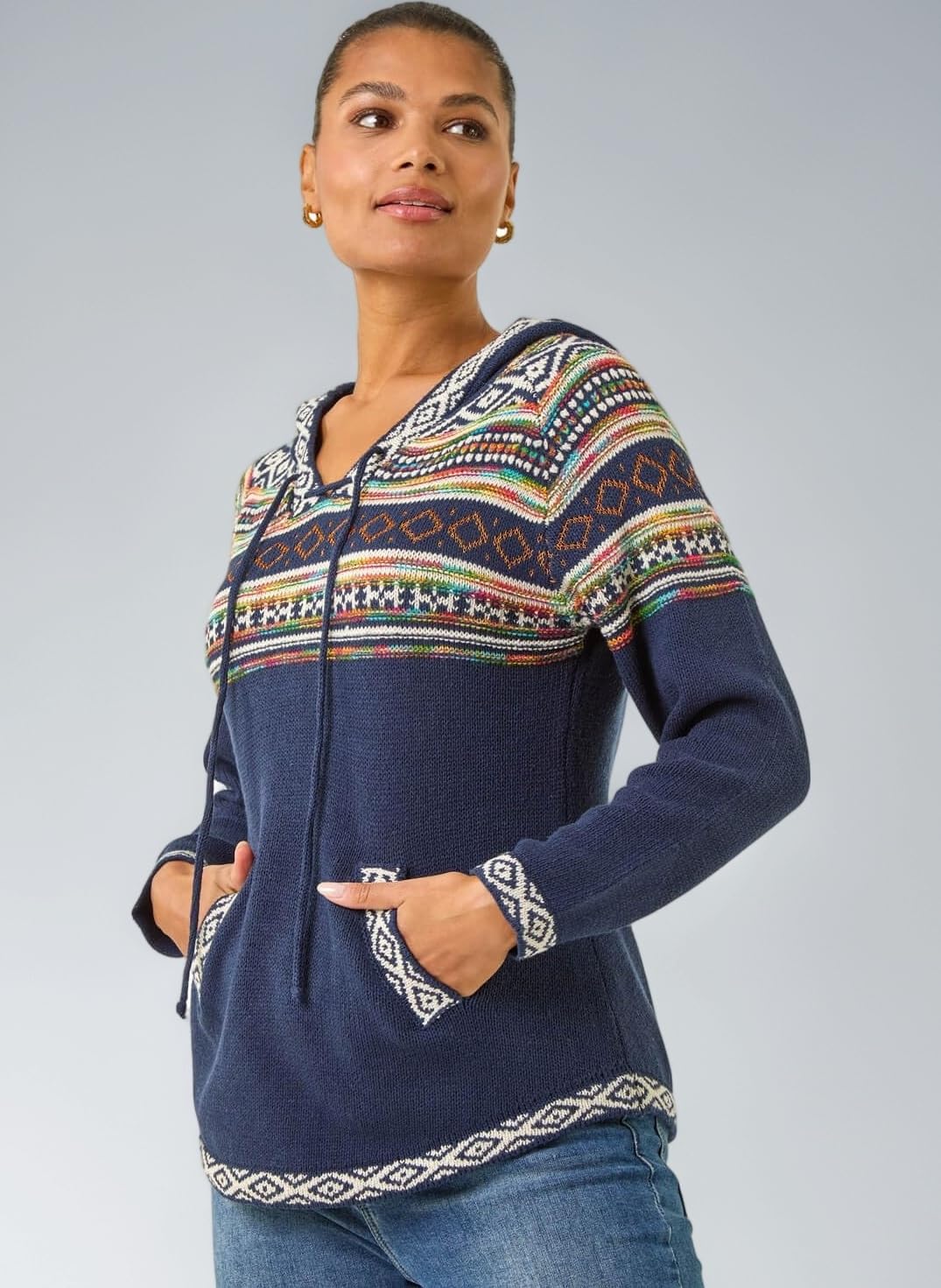 Roman Women Jumper with Hood Ladies Winter Knitted Hoodie with Pockets Fairisle Nordic Aztec Print Hooded Sweater Knit Knitwear Autumn Flattering Casual Smart
